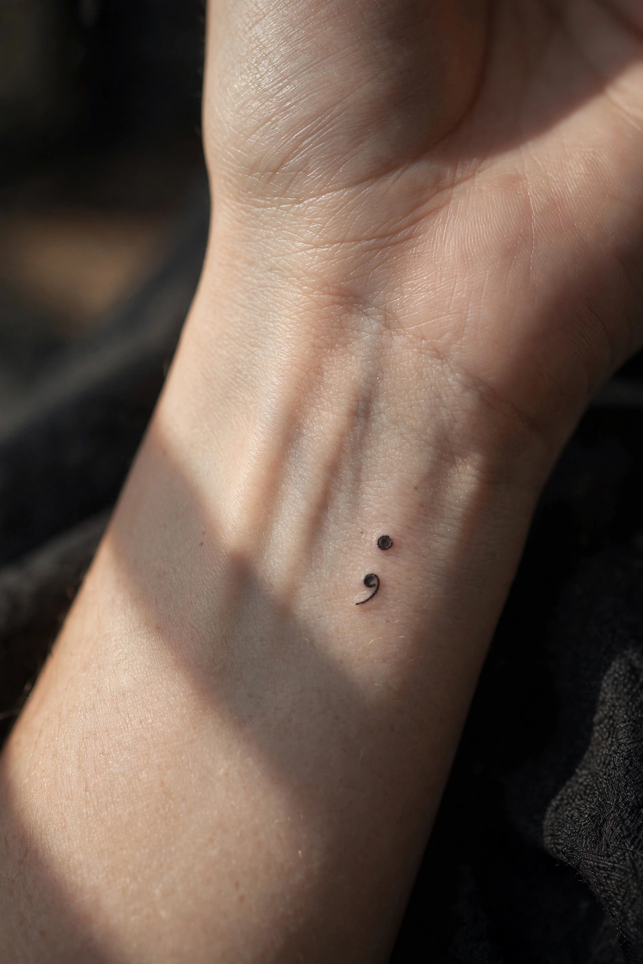 Semicolon tattoo on the inner wrist symbolizing mental health awareness