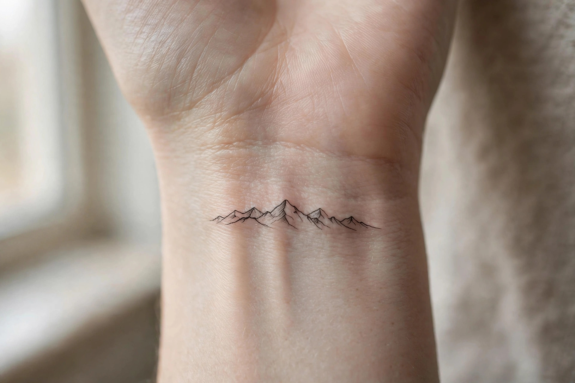 Miniature mountain range silhouette tattoo on inner wrist