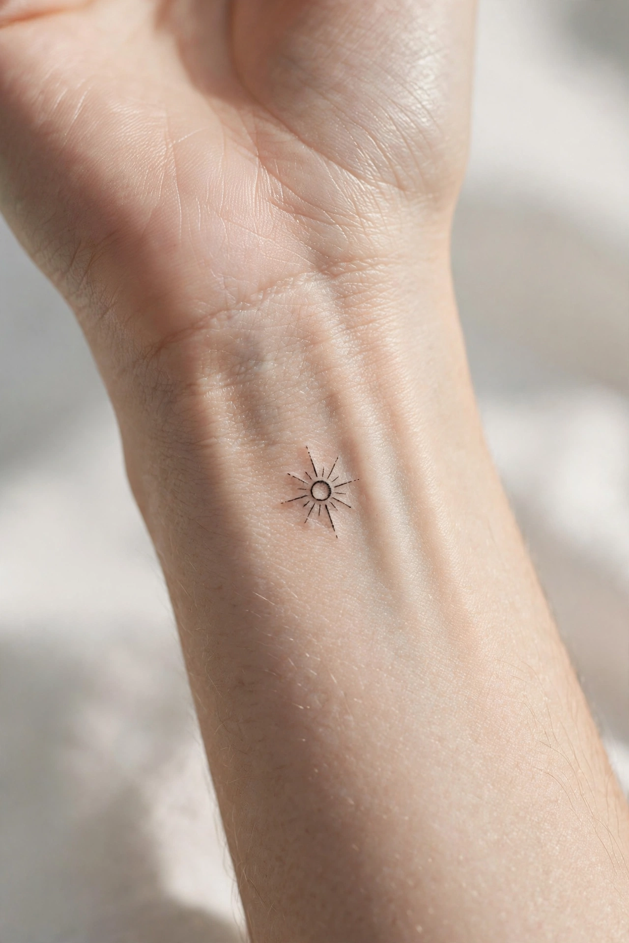 Tiny minimalist sun with rays tattoo on inner wrist