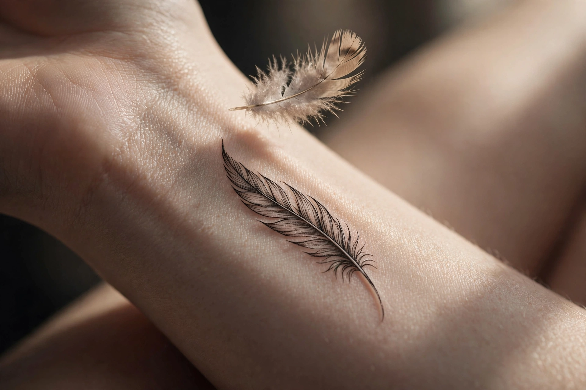 Delicate single feather tattoo floating on the inner wrist