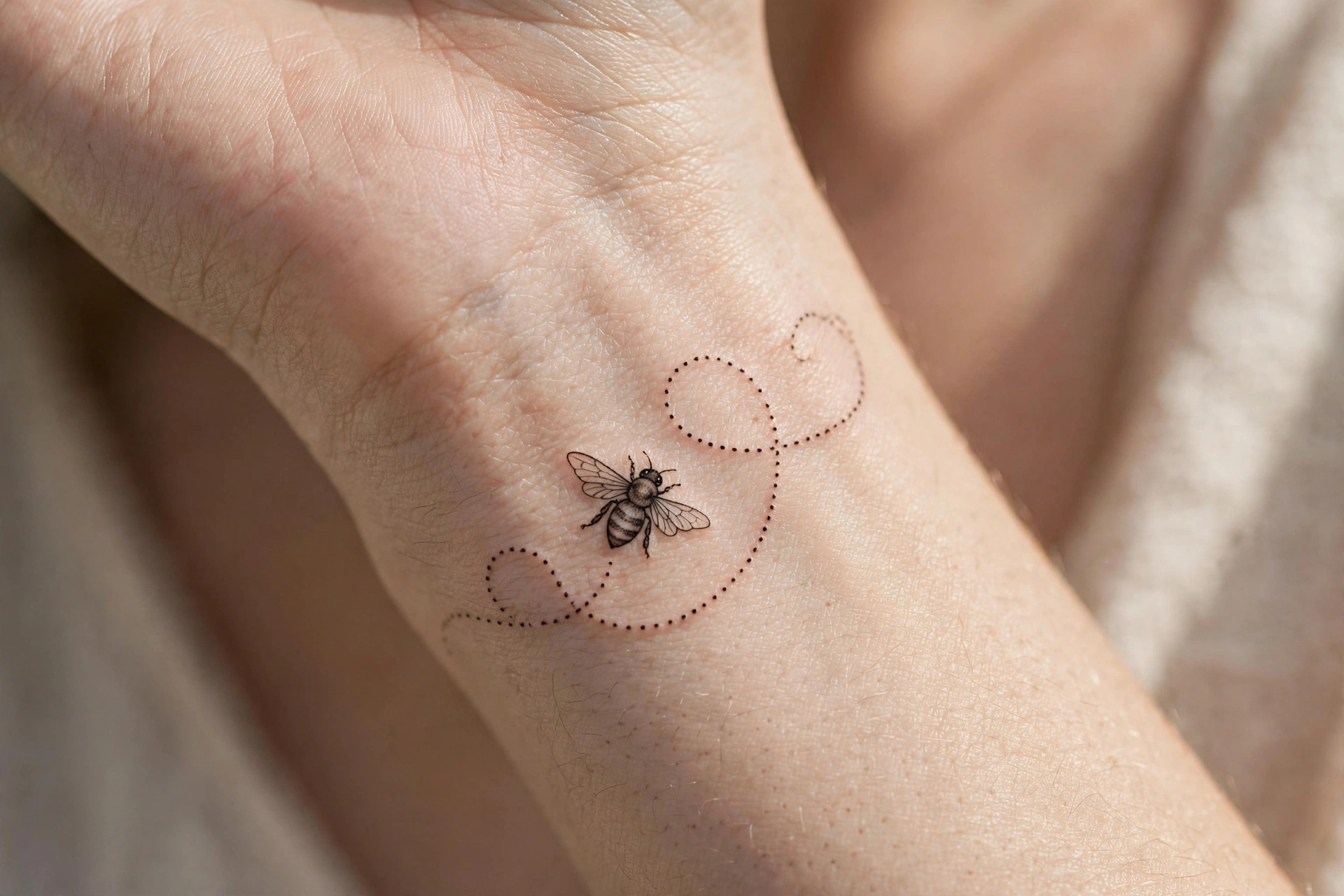 Small honeybee tattoo with dotted flight path on inner wrist