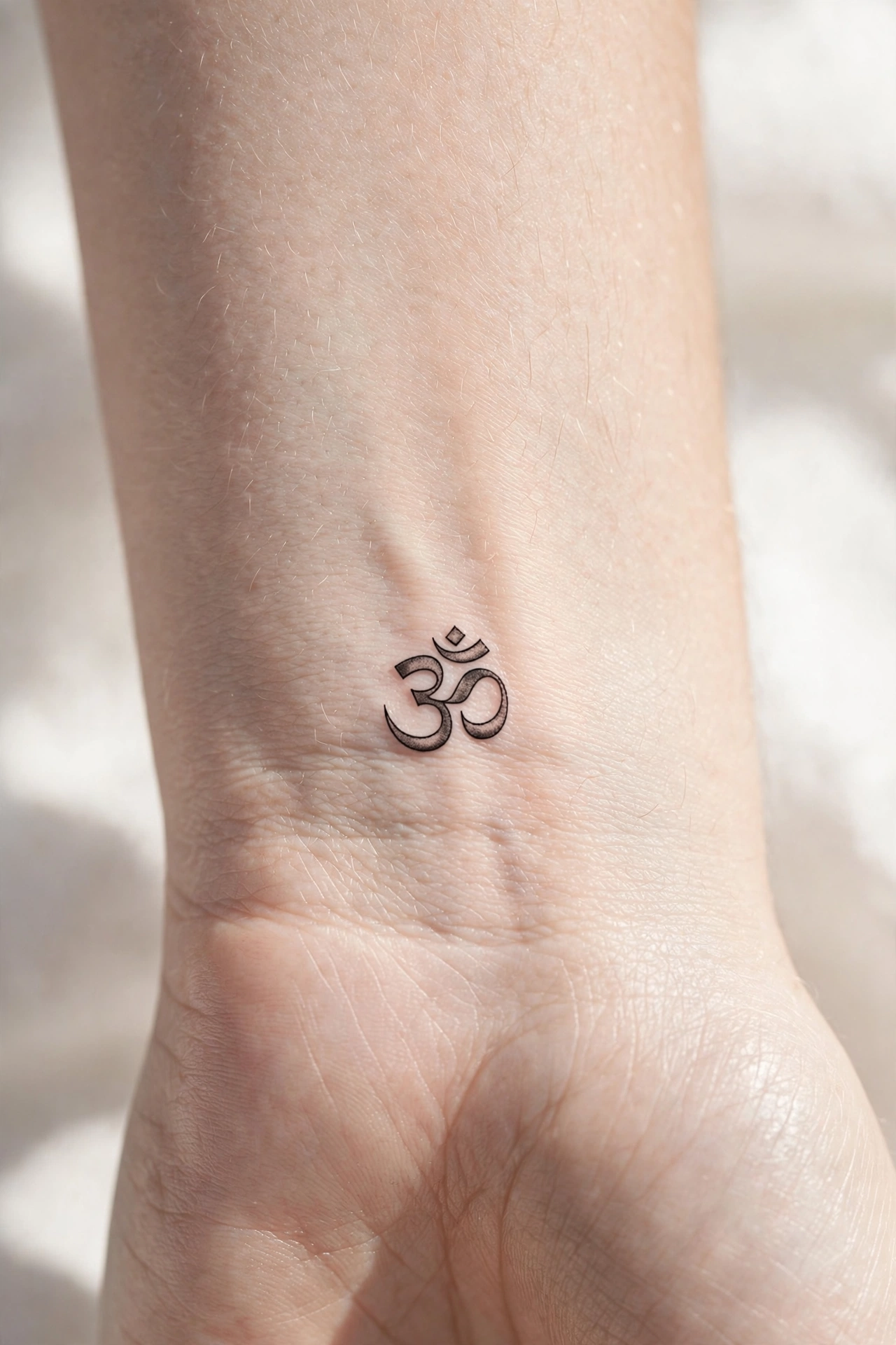 Om symbol tattoo in fine lines on the inner wrist