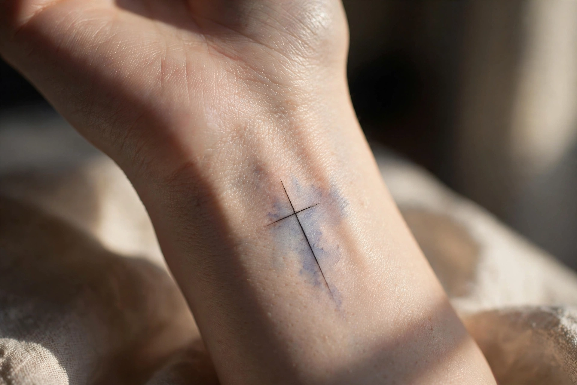 Simple fine-line cross tattoo on the inner wrist