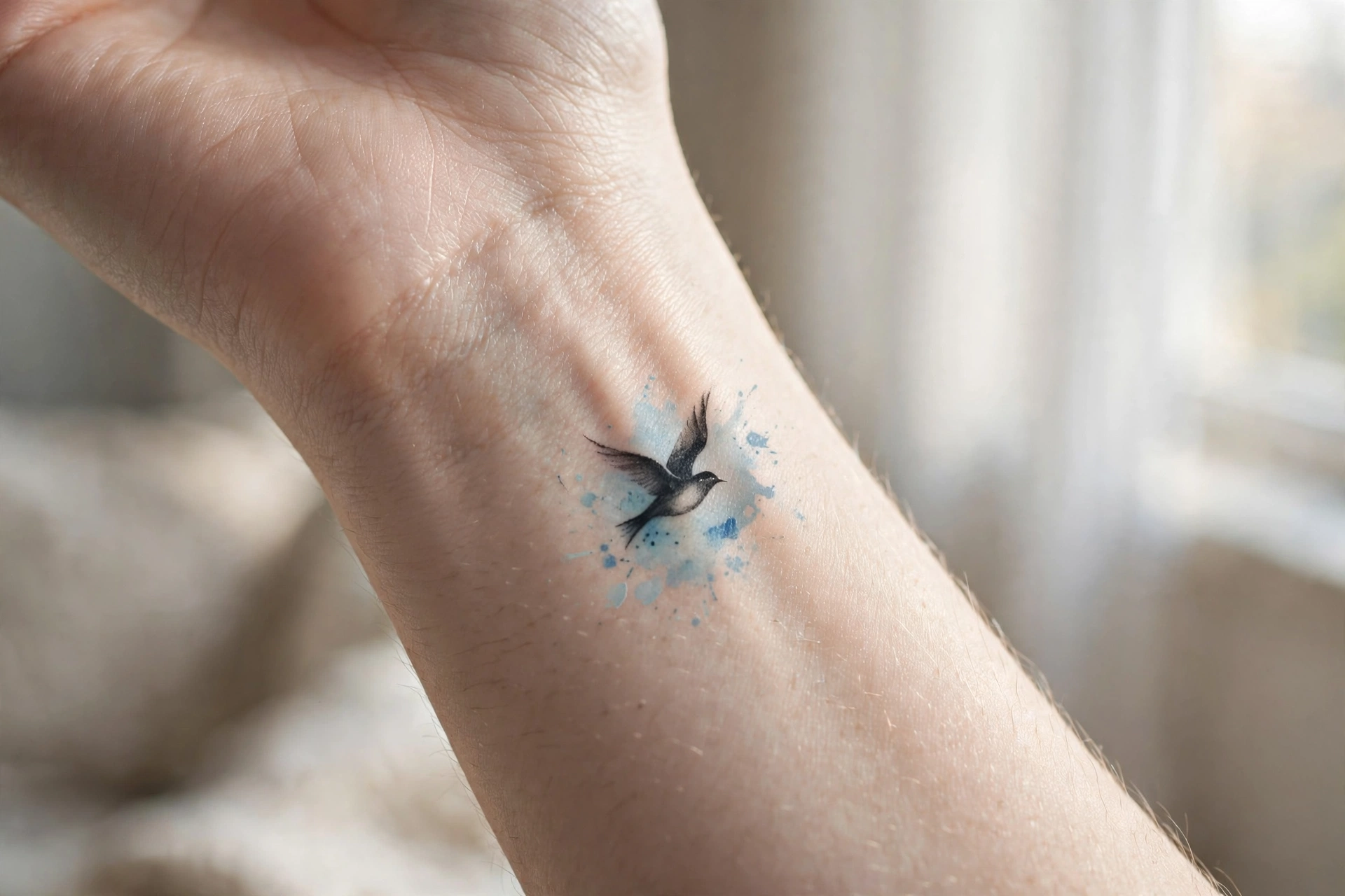 Small bird silhouette in flight tattoo on inner wrist