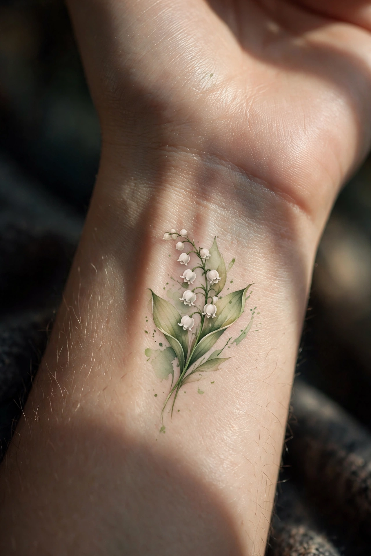Delicate birth month flower sprig tattoo on inner wrist