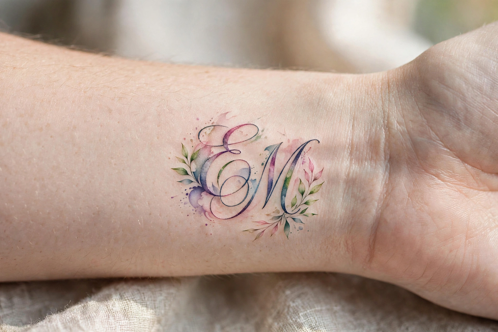 Elegant intertwined initials monogram tattoo on inner wrist
