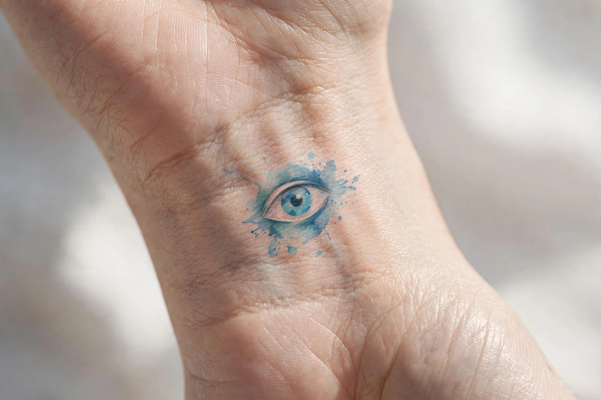 Small evil eye protective symbol tattoo on inner wrist