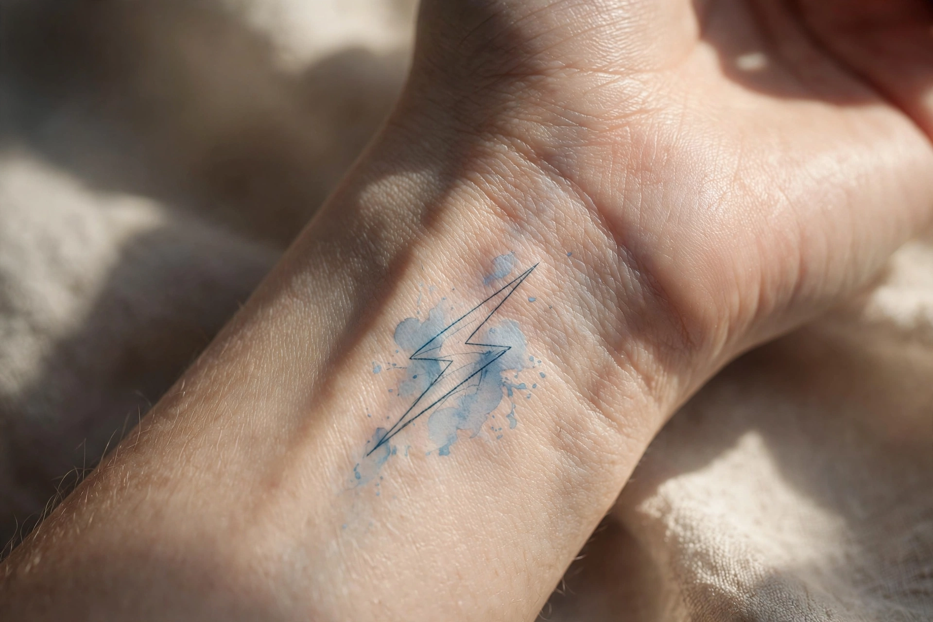 Minimalist lightning bolt tattoo on the inner wrist