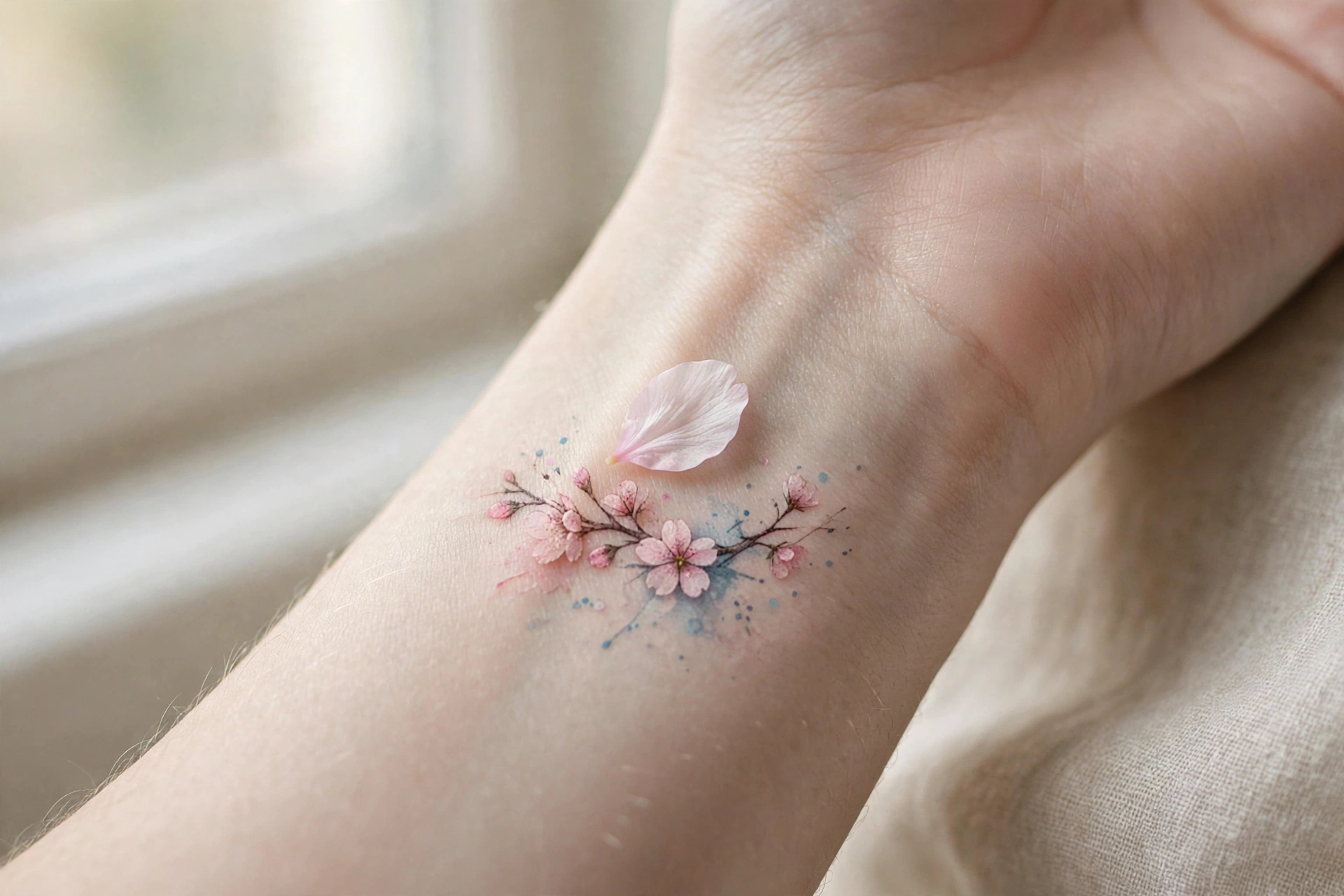 Single cherry blossom petal tattoo drifting on inner wrist