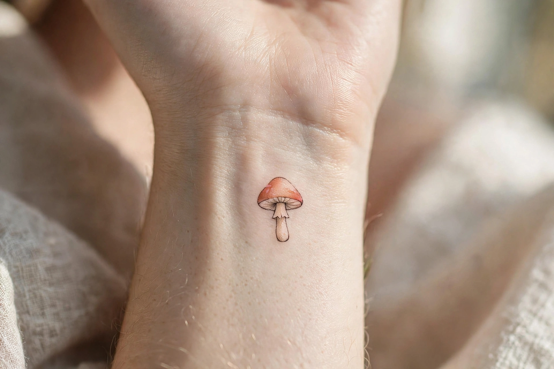 Cute tiny mushroom tattoo on the inner wrist