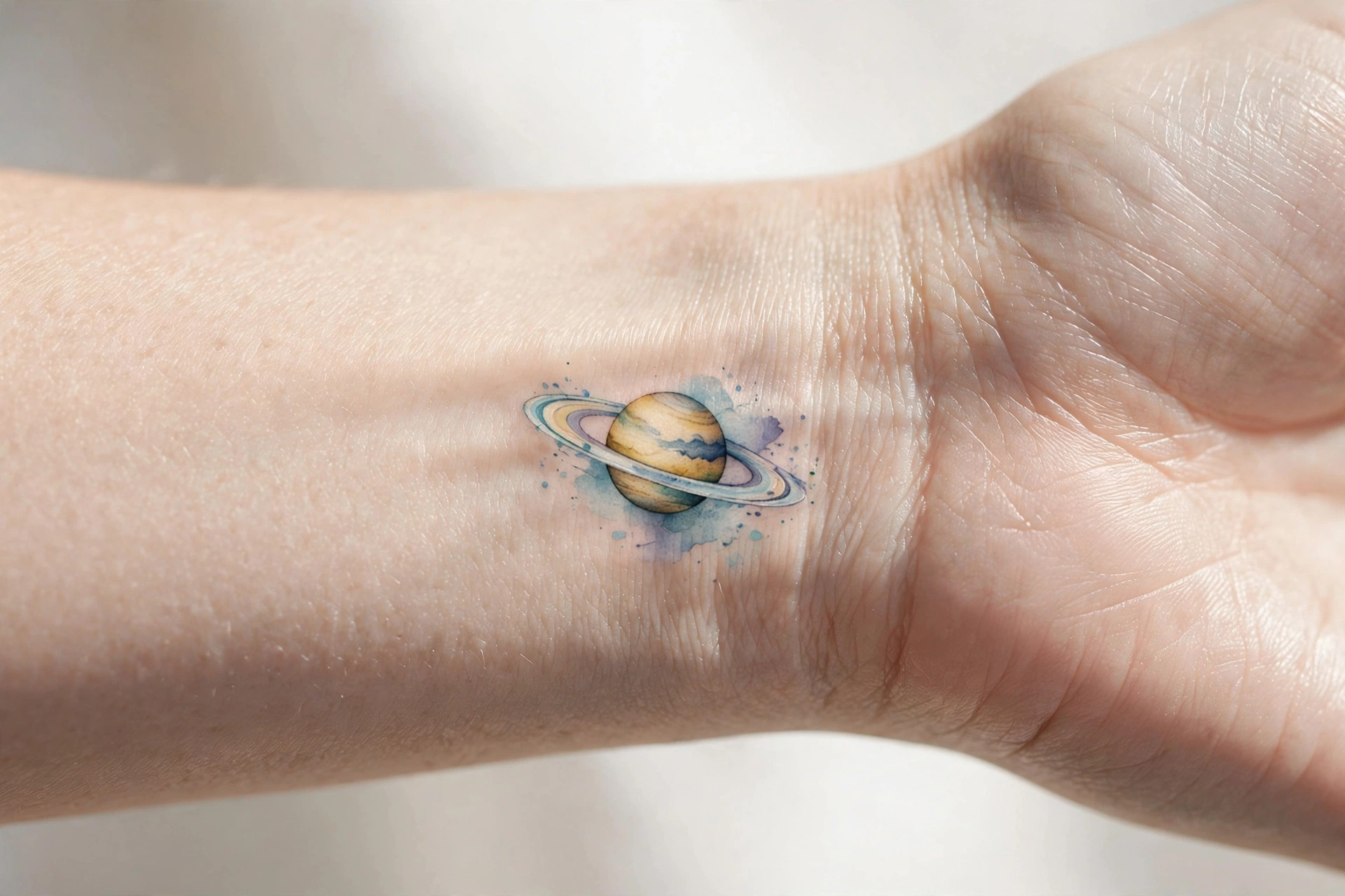 Tiny planet Saturn with rings tattoo on inner wrist