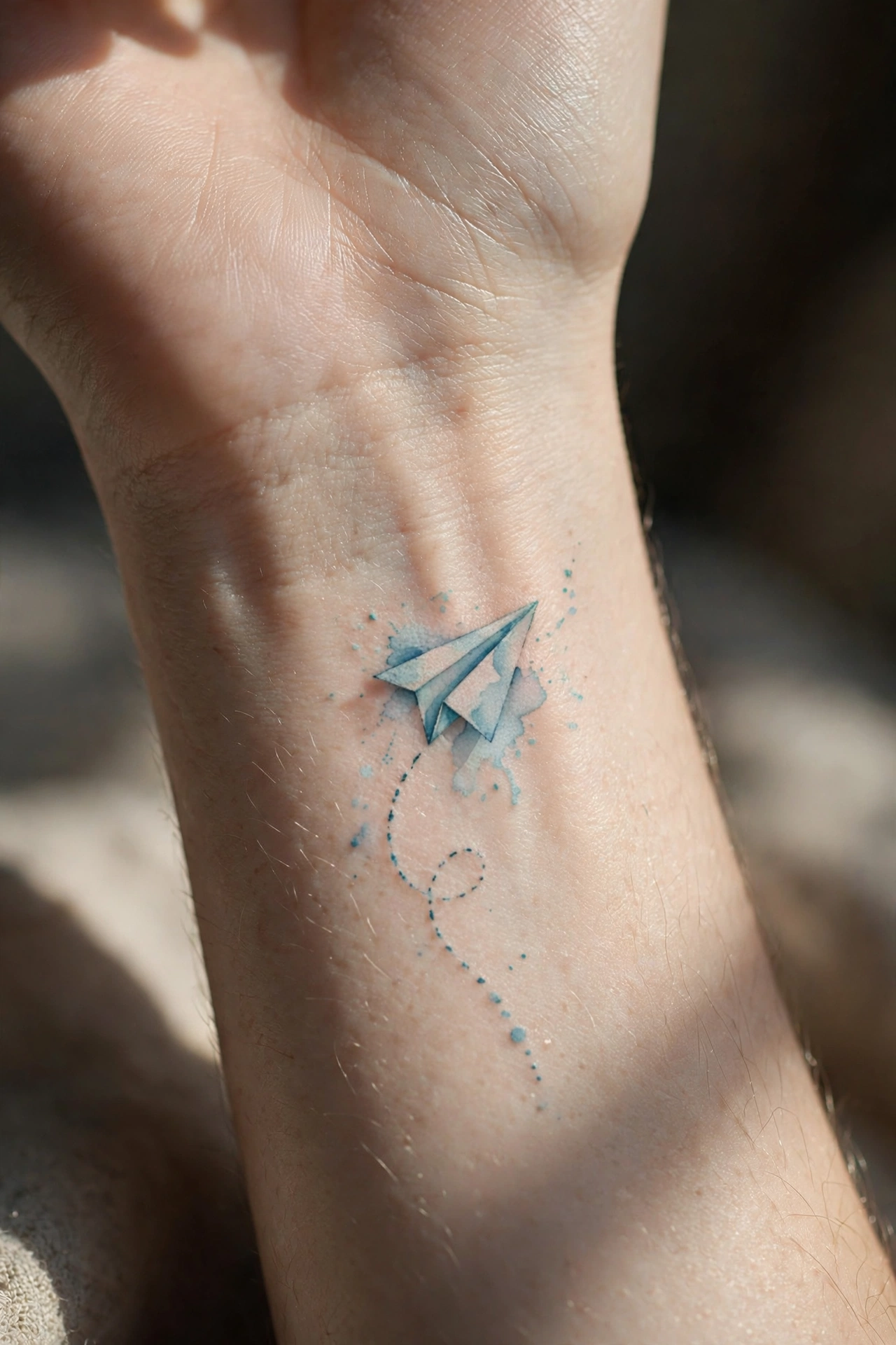 Small paper plane tattoo with dotted trail on inner wrist