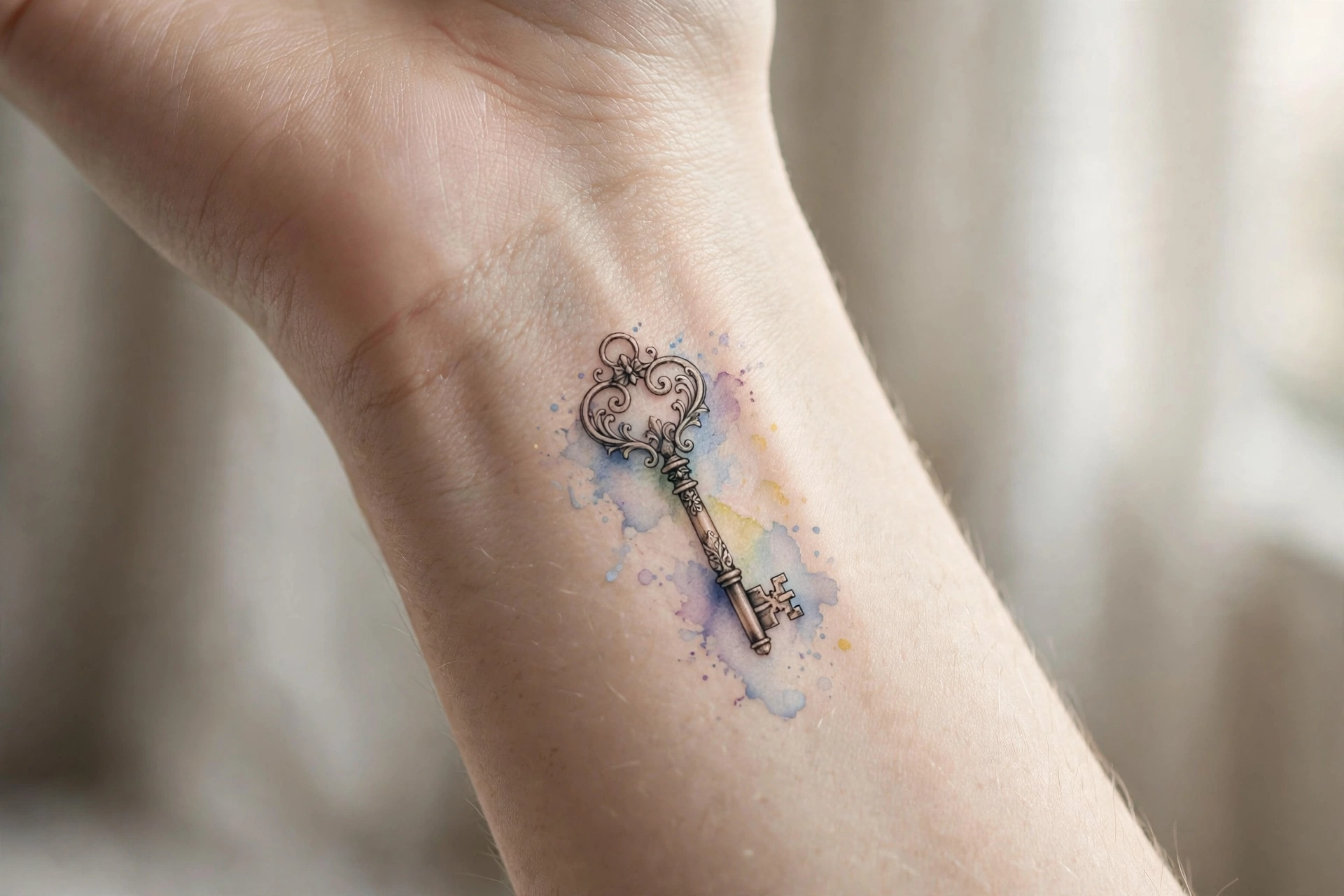 Small ornate vintage key tattoo on the inner wrist