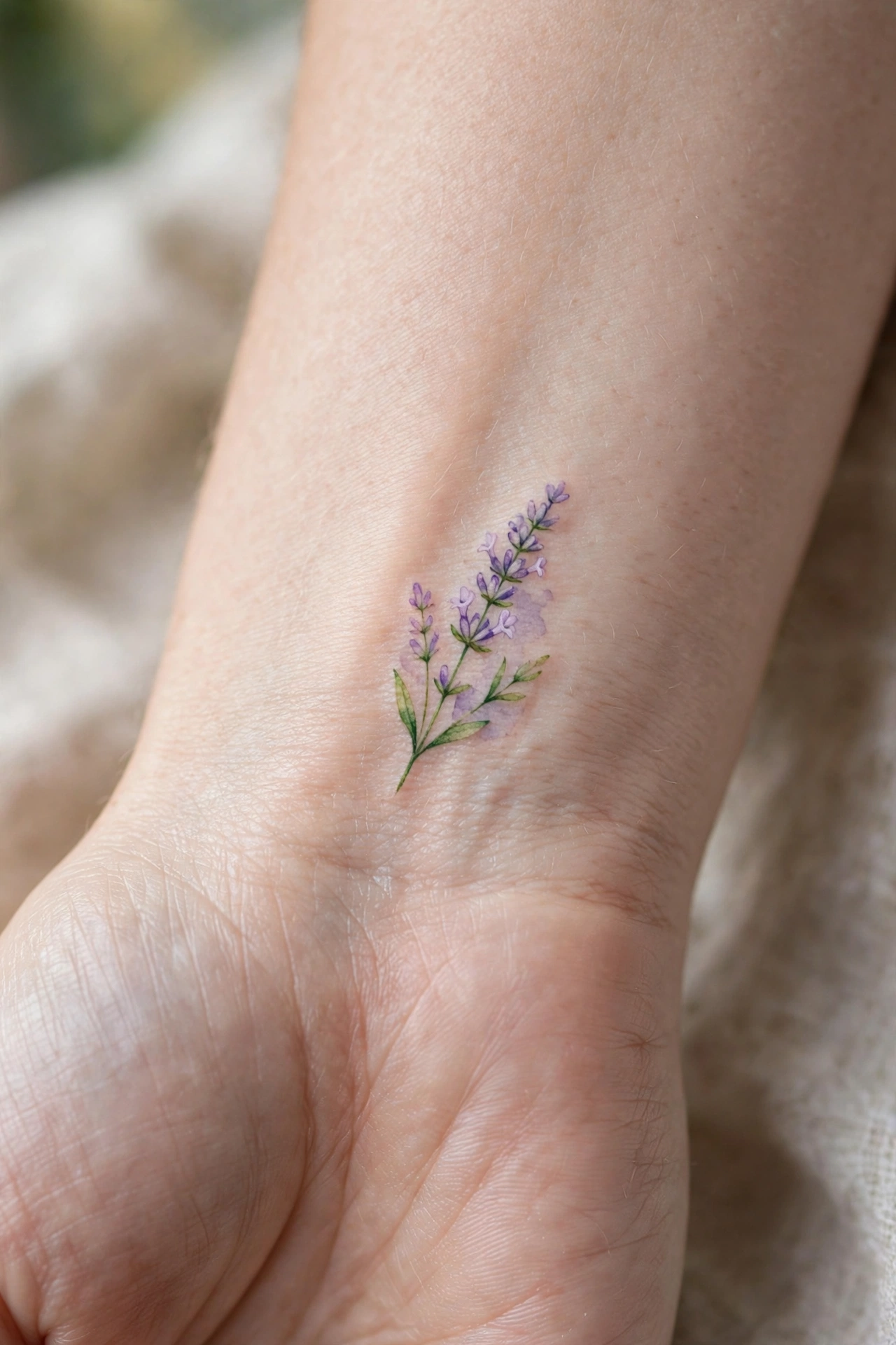 Small lavender sprig tattoo on the inner wrist