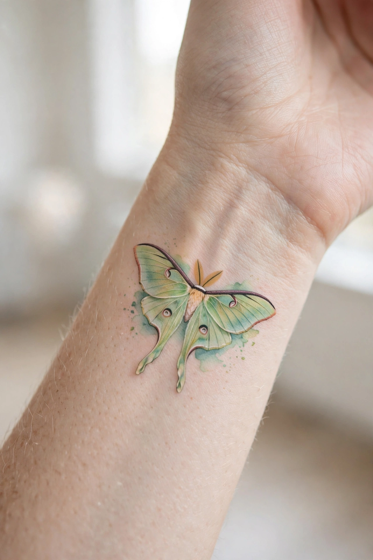Delicate luna moth tattoo on the inner wrist