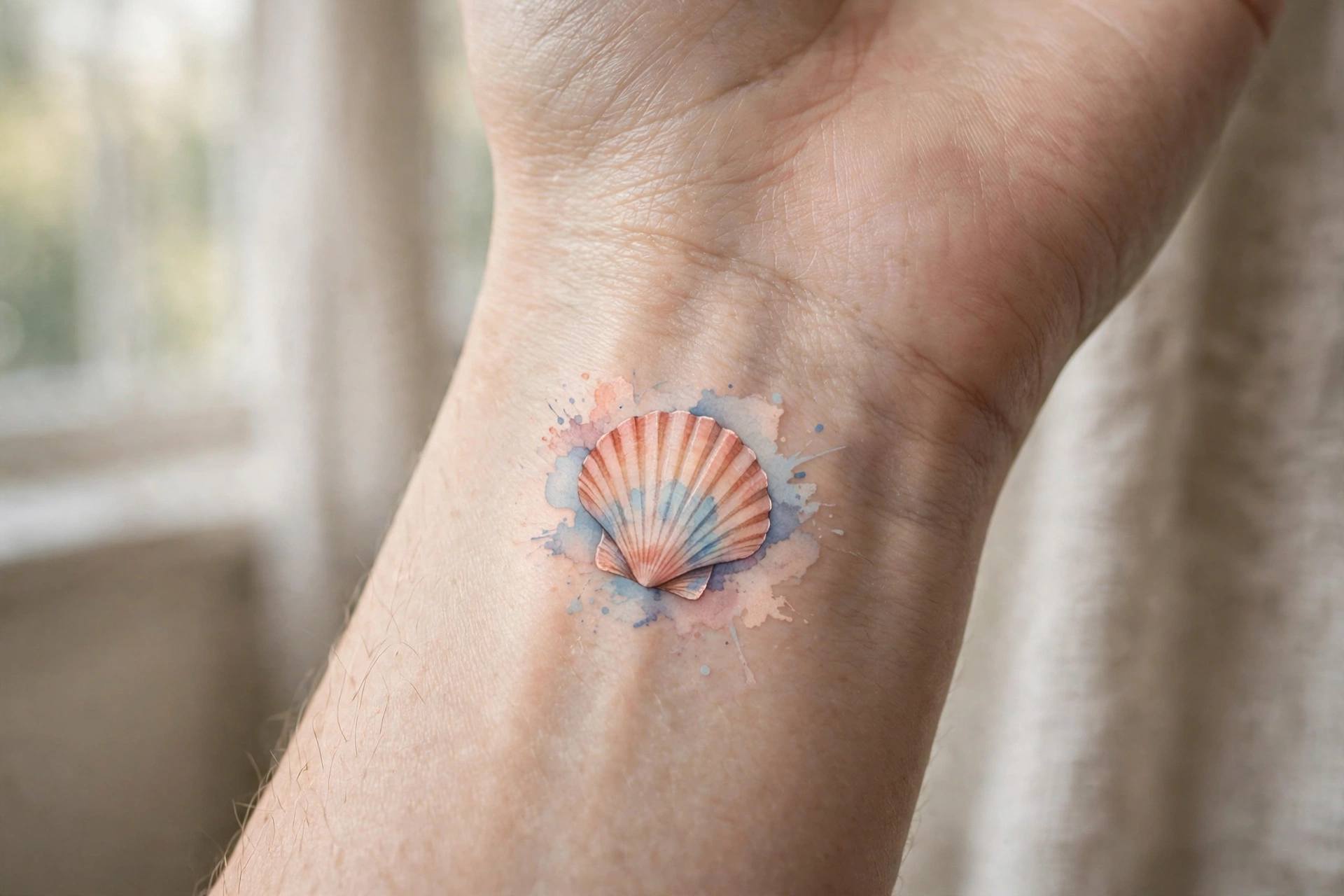 Small scallop seashell tattoo on the inner wrist