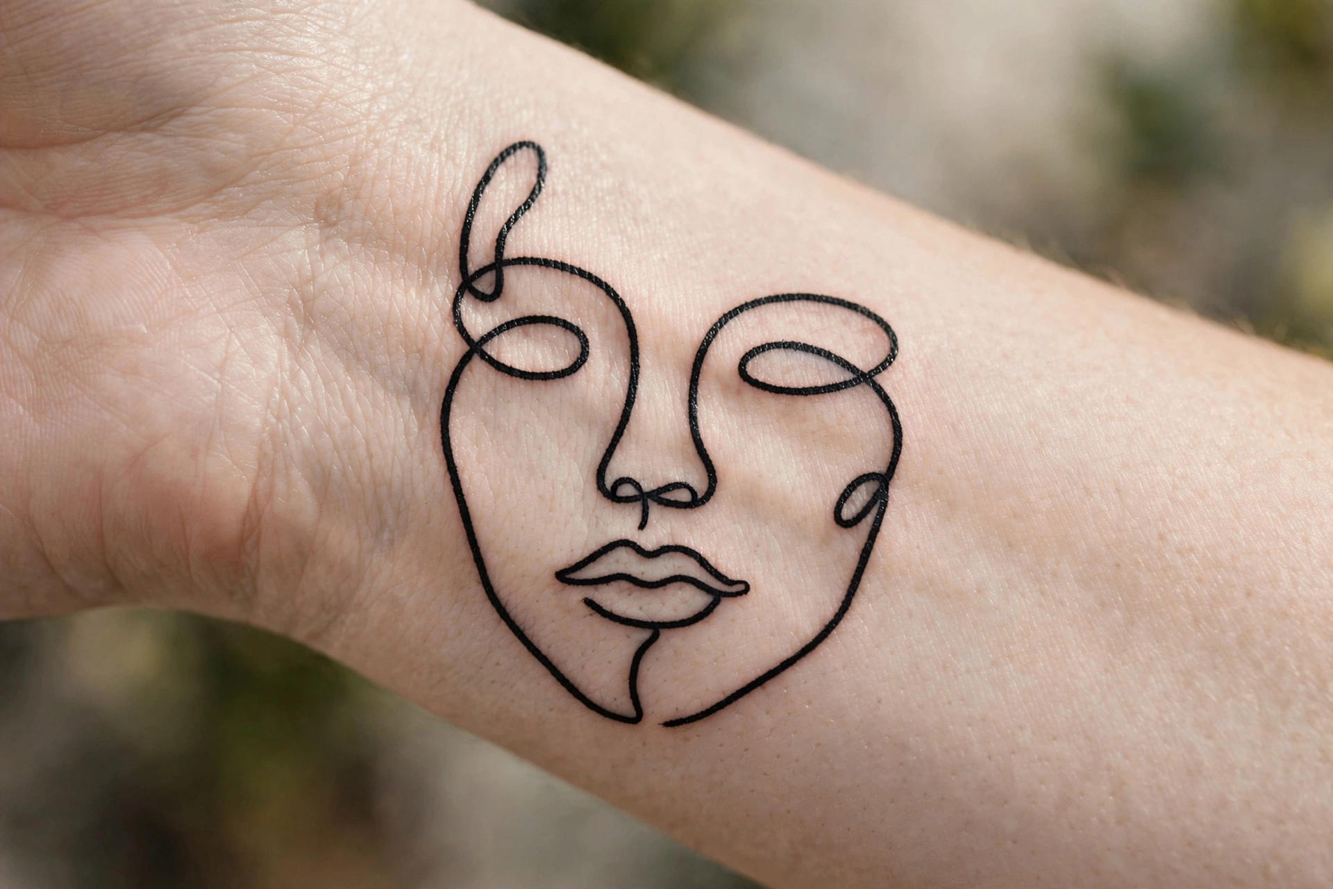 Continuous single-line abstract face tattoo on inner wrist