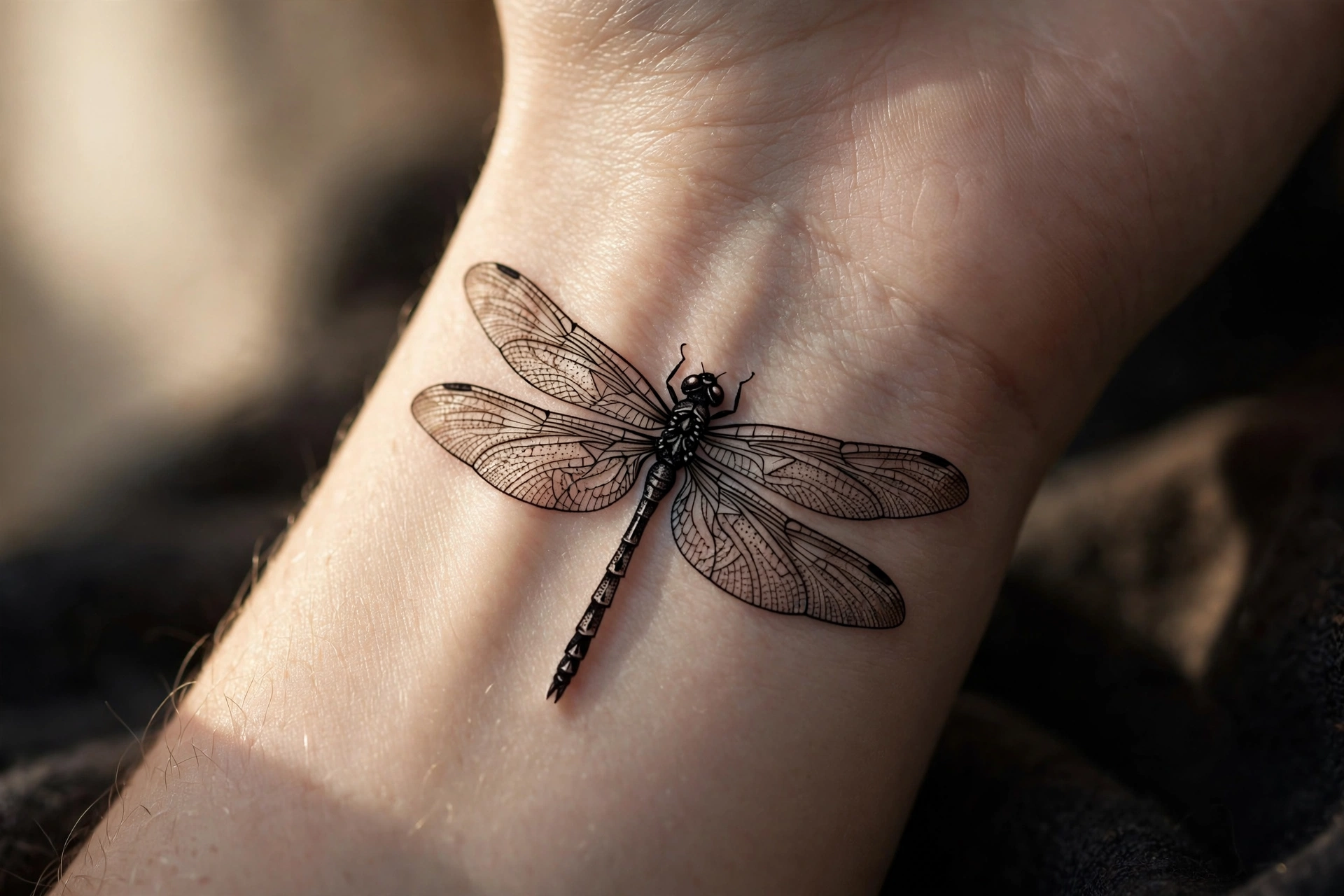 Delicate dragonfly tattoo with translucent wings on inner wrist