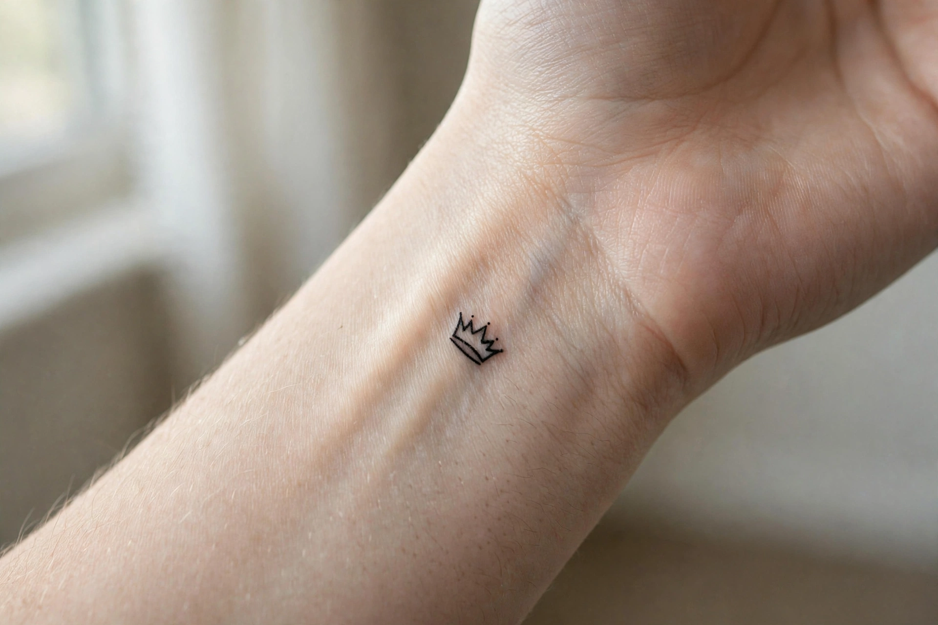 Tiny minimalist crown tattoo on the inner wrist