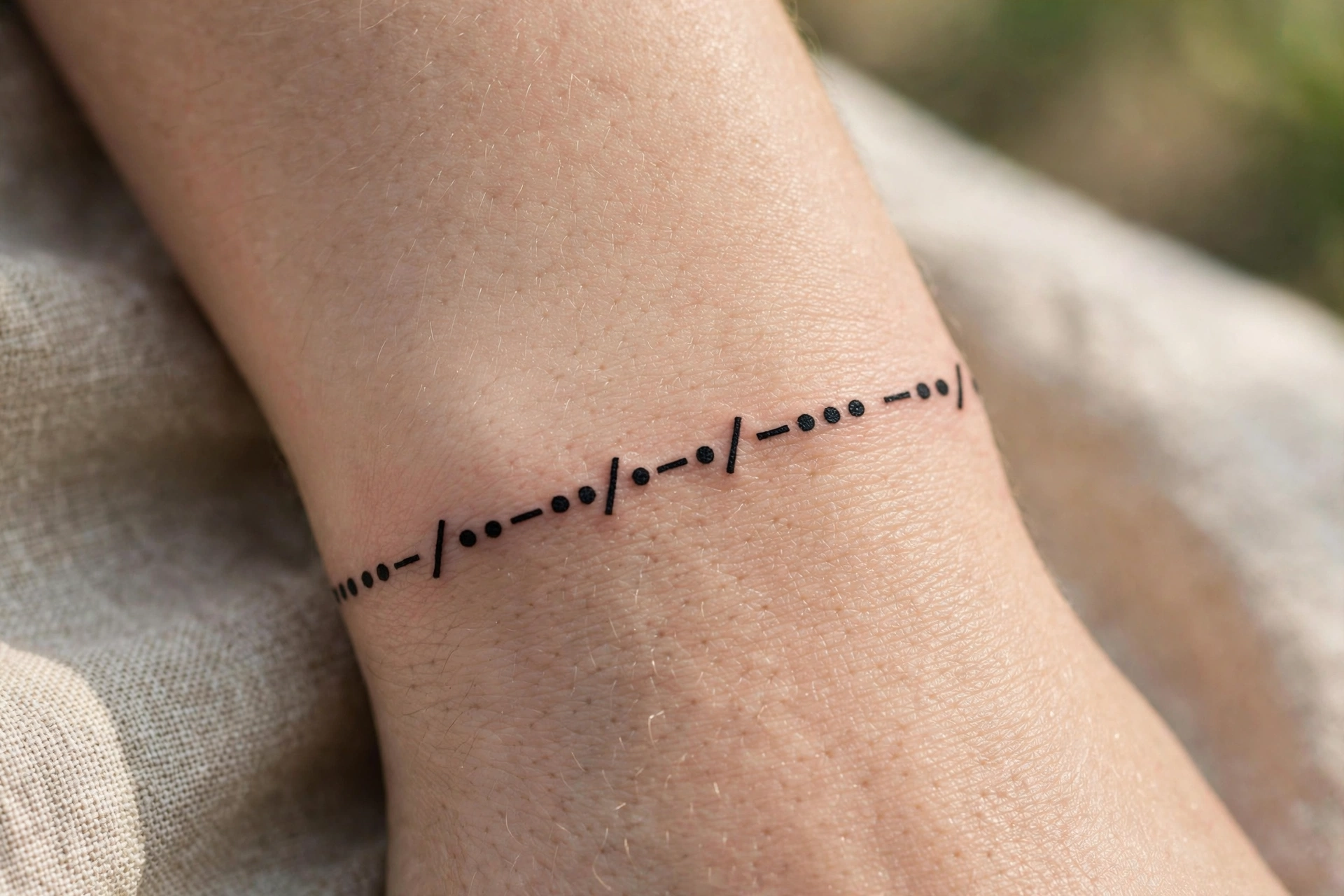 Morse code dots and dashes tattoo wrapping the inner wrist like a bracelet