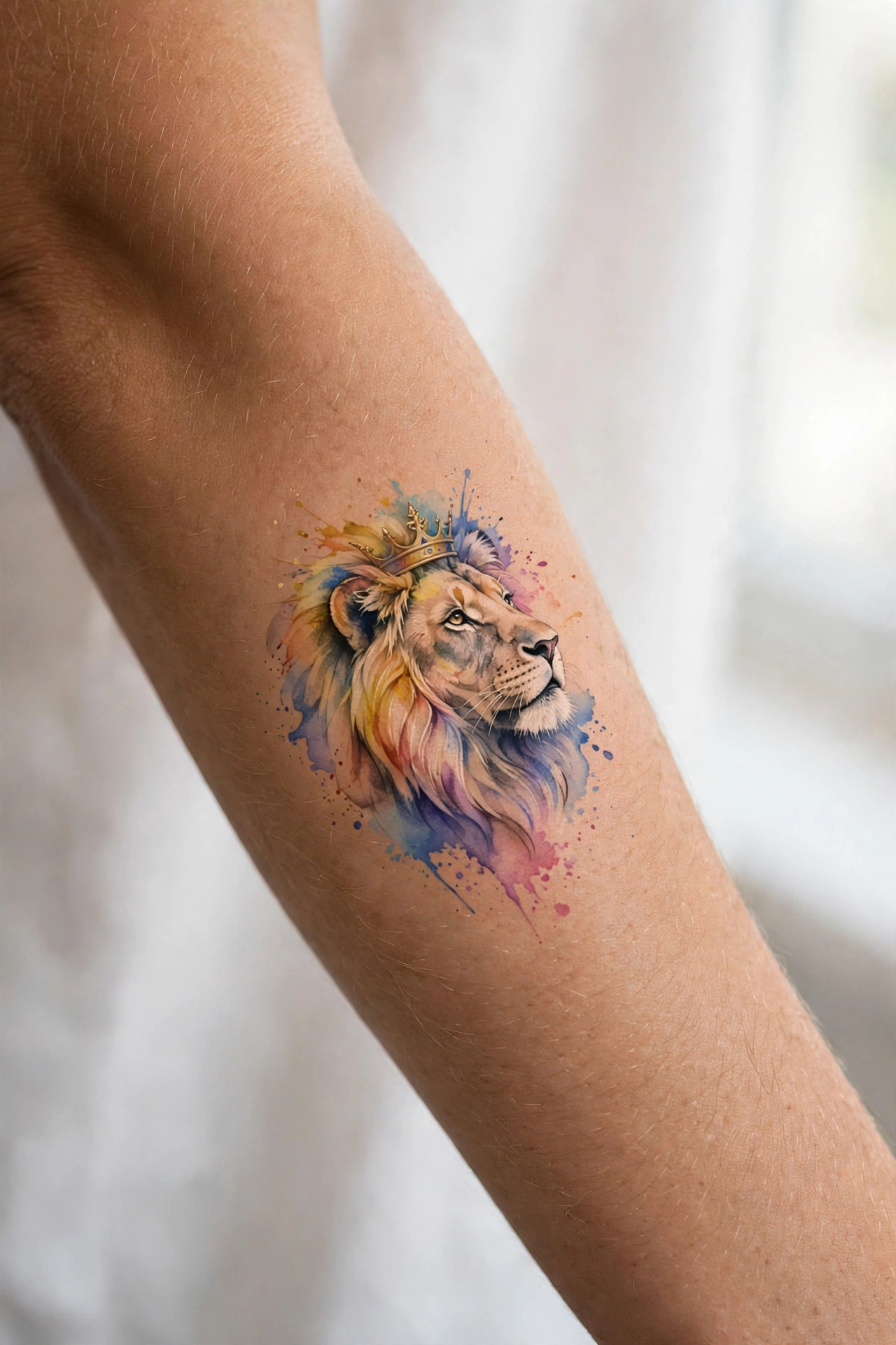 Majestic lion wearing a golden crown tattoo on a man's upper arm