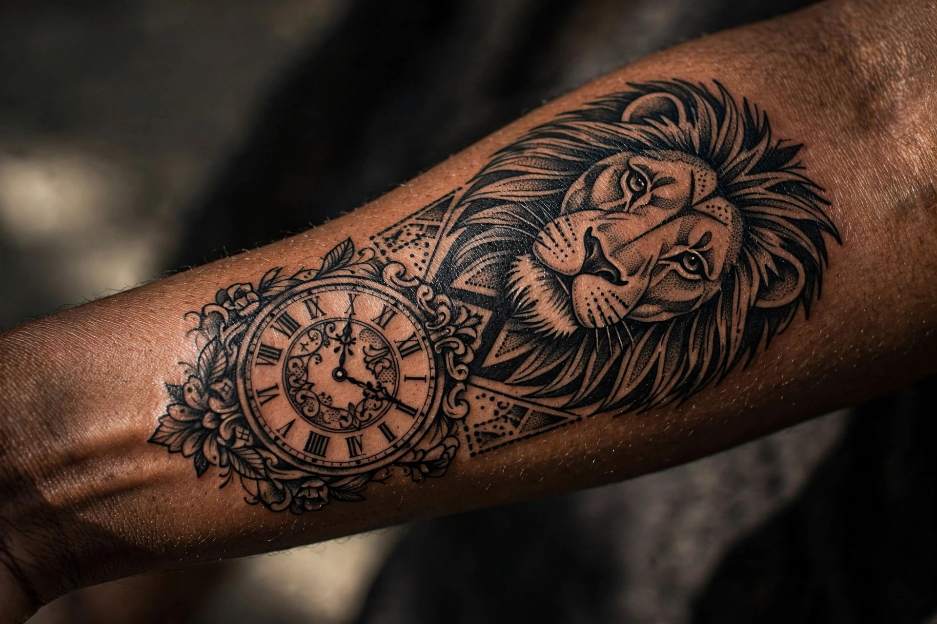 Lion merged with vintage clock tattoo on a man's forearm