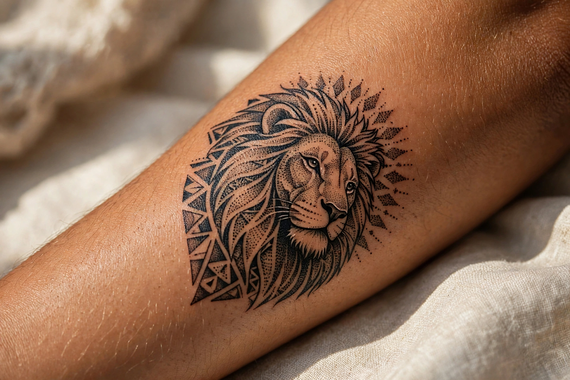 Bold tribal lion tattoo with flowing black patterns on a man's shoulder