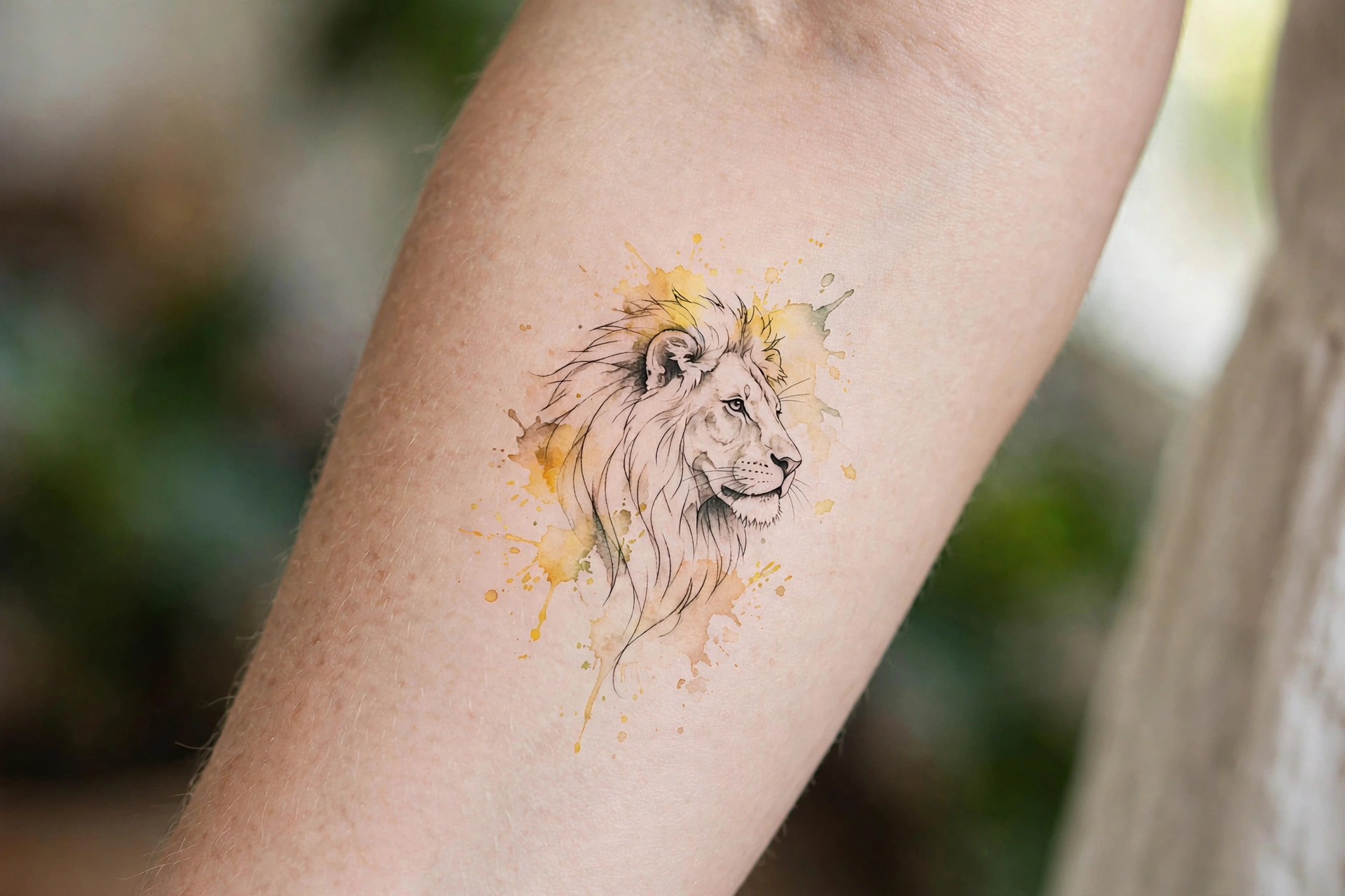 Watercolor lion tattoo with vibrant paint splashes on a man's bicep