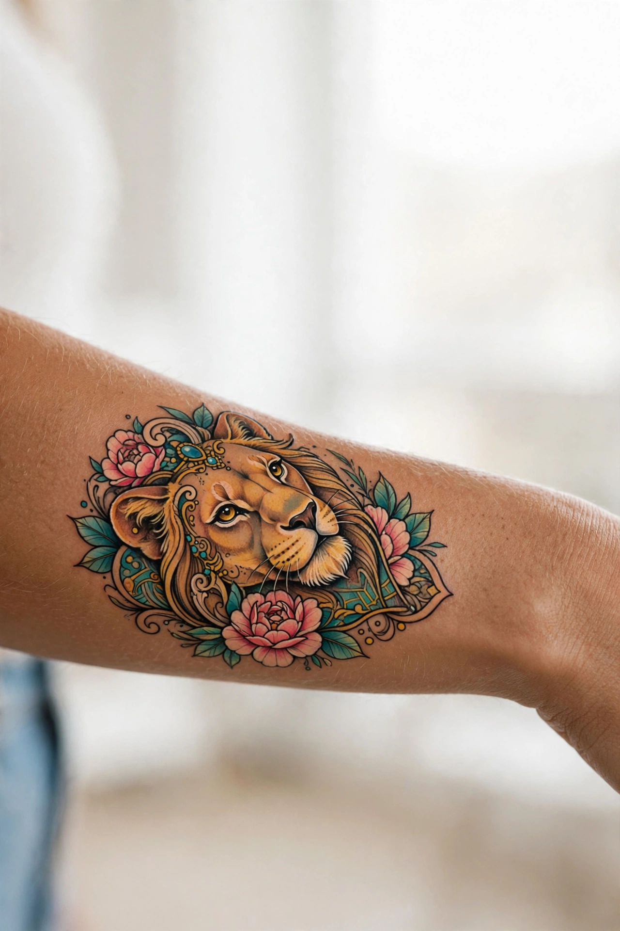 Realistic lioness portrait tattoo on a man's chest