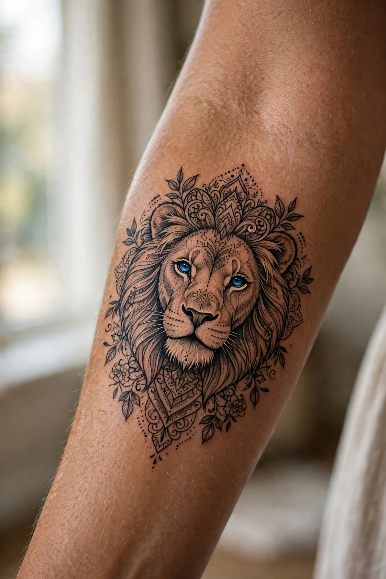Lion tattoo with piercing blue eyes on a man's forearm