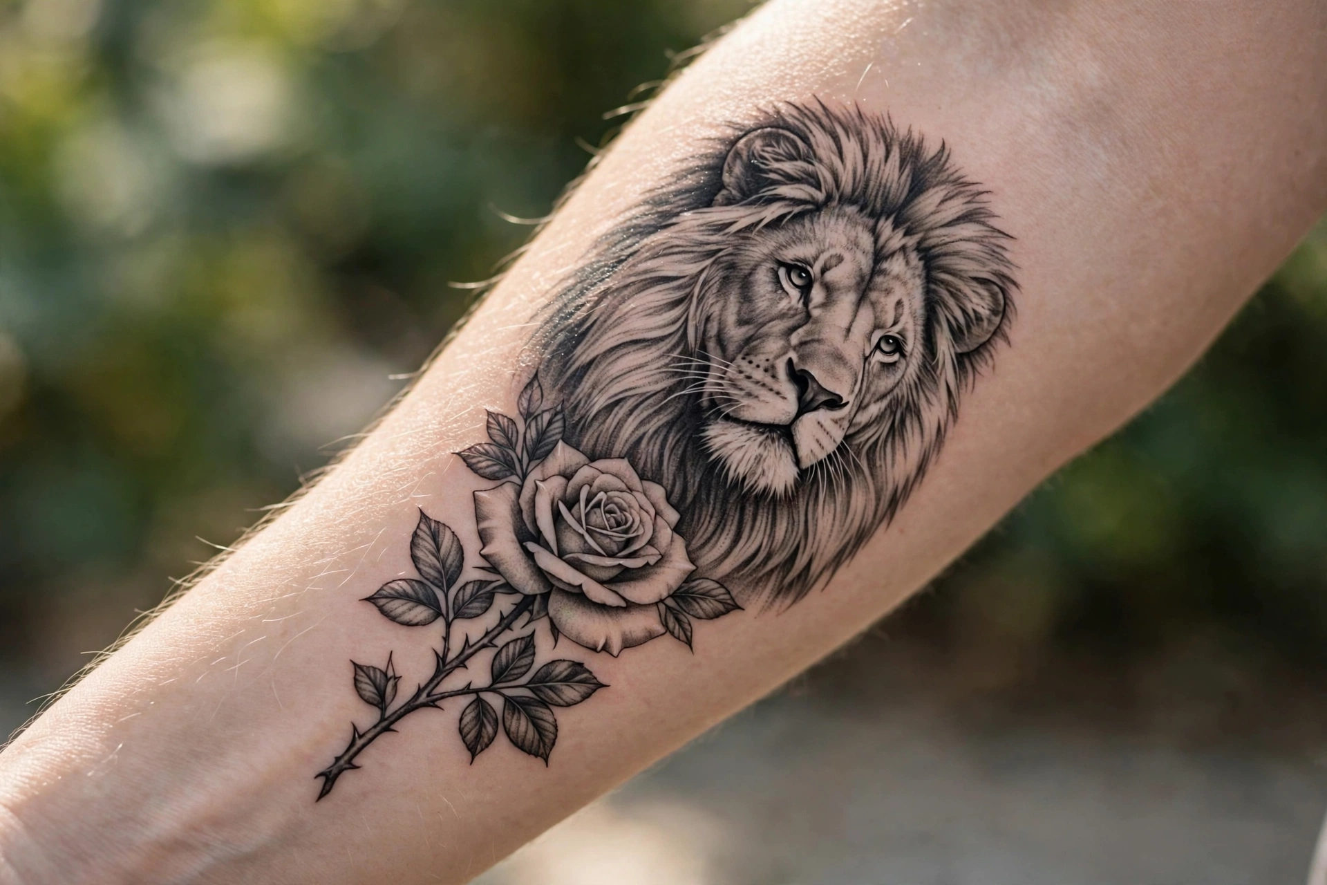 Lion with red roses tattoo combining strength and love on a man's arm