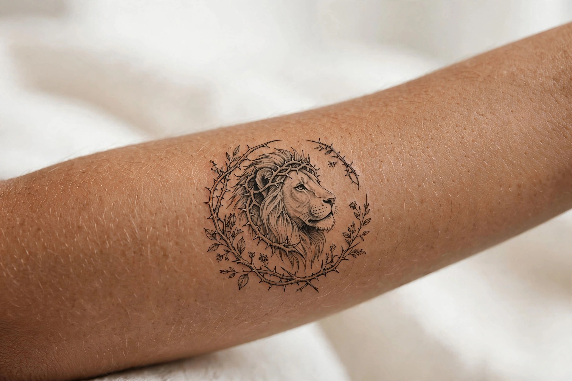 Lion wrapped in thorns tattoo on a man's shoulder