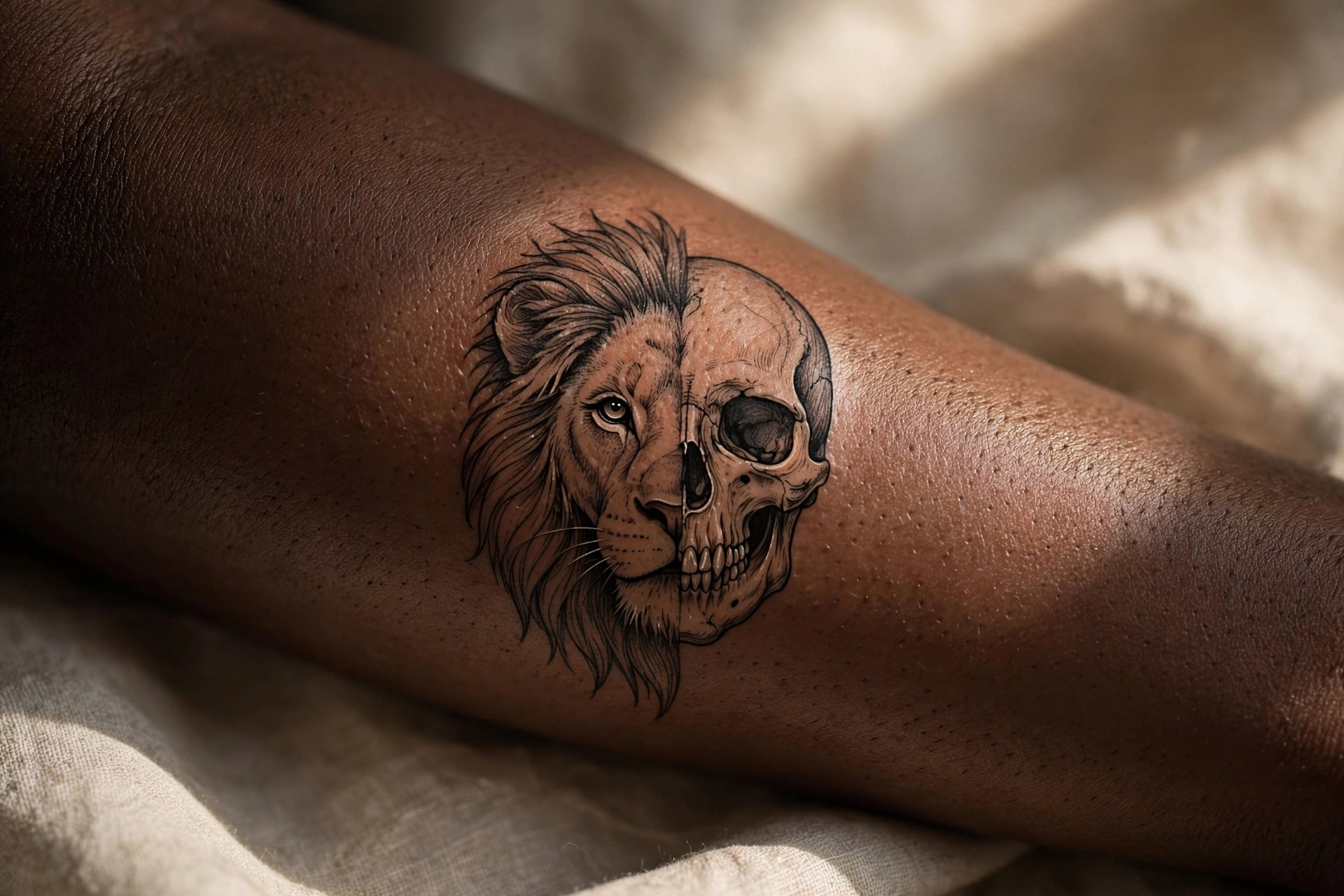Half lion half skull split face tattoo on a man's forearm