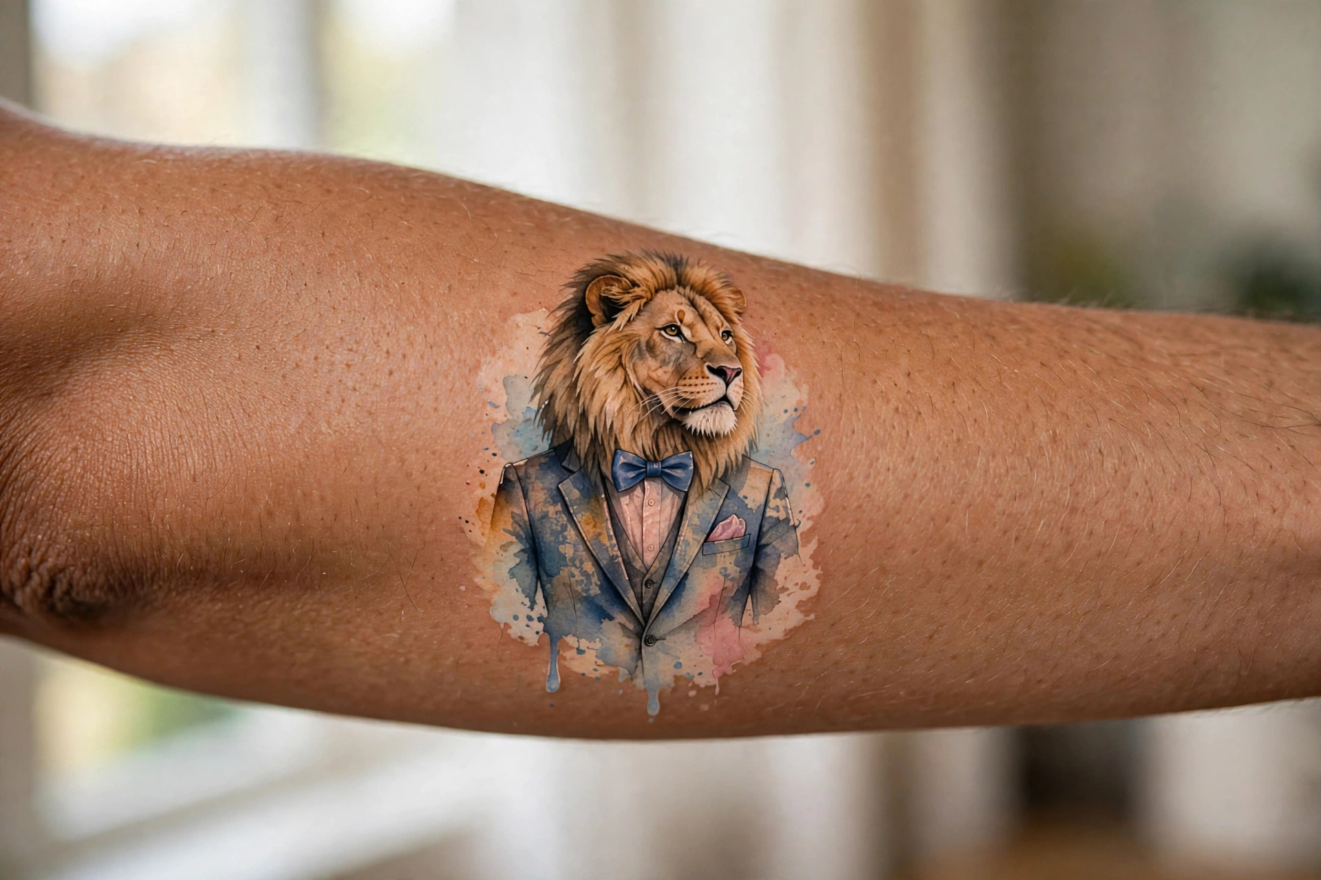Lion wearing a suit and tie tattoo on a man's upper arm