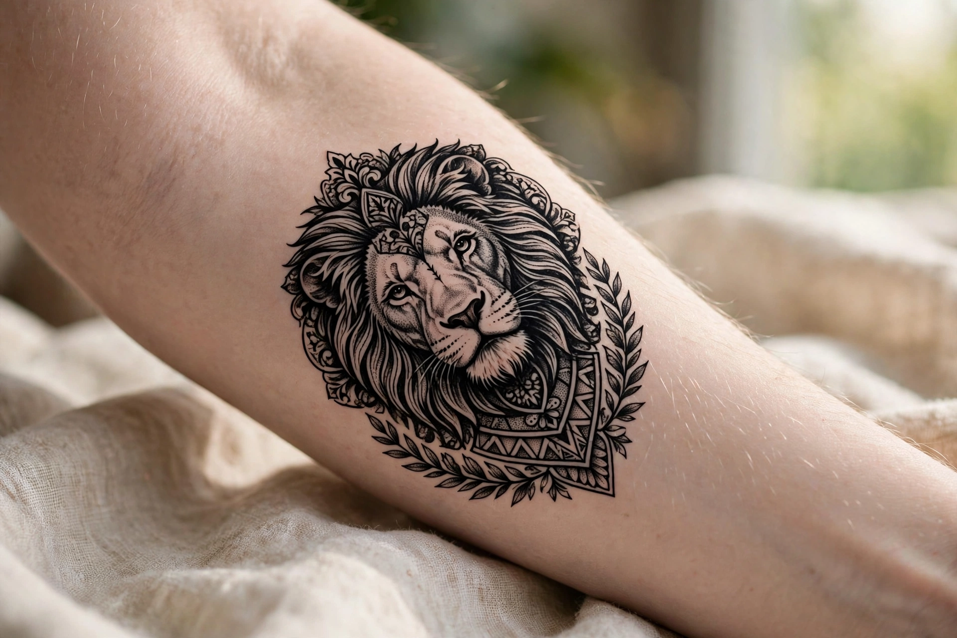 Large lion chest piece tattoo spread across a man's chest