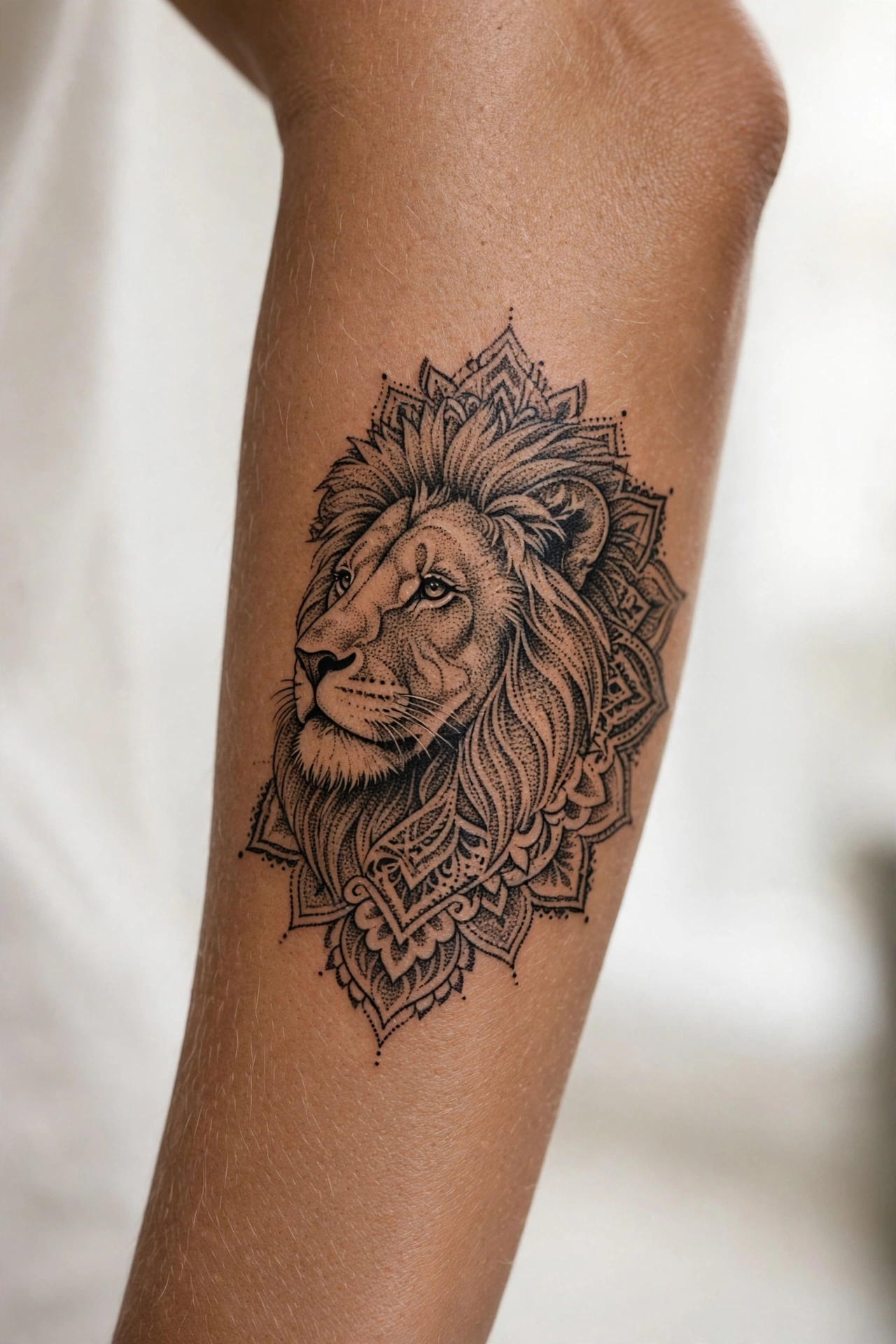 Full back lion tattoo with flowing mane on a man's back
