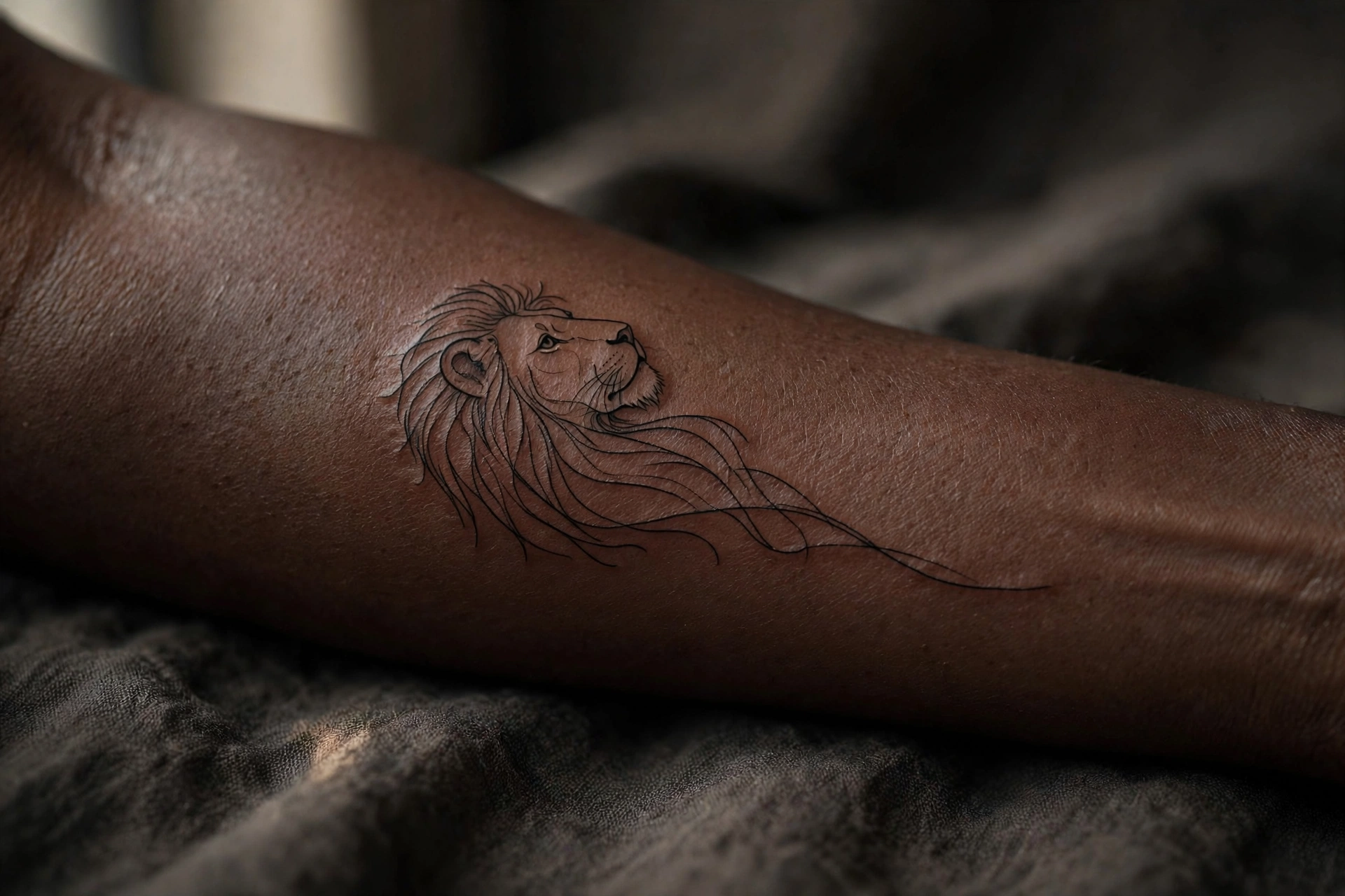 Lion head tattoo wrapping a man's forearm