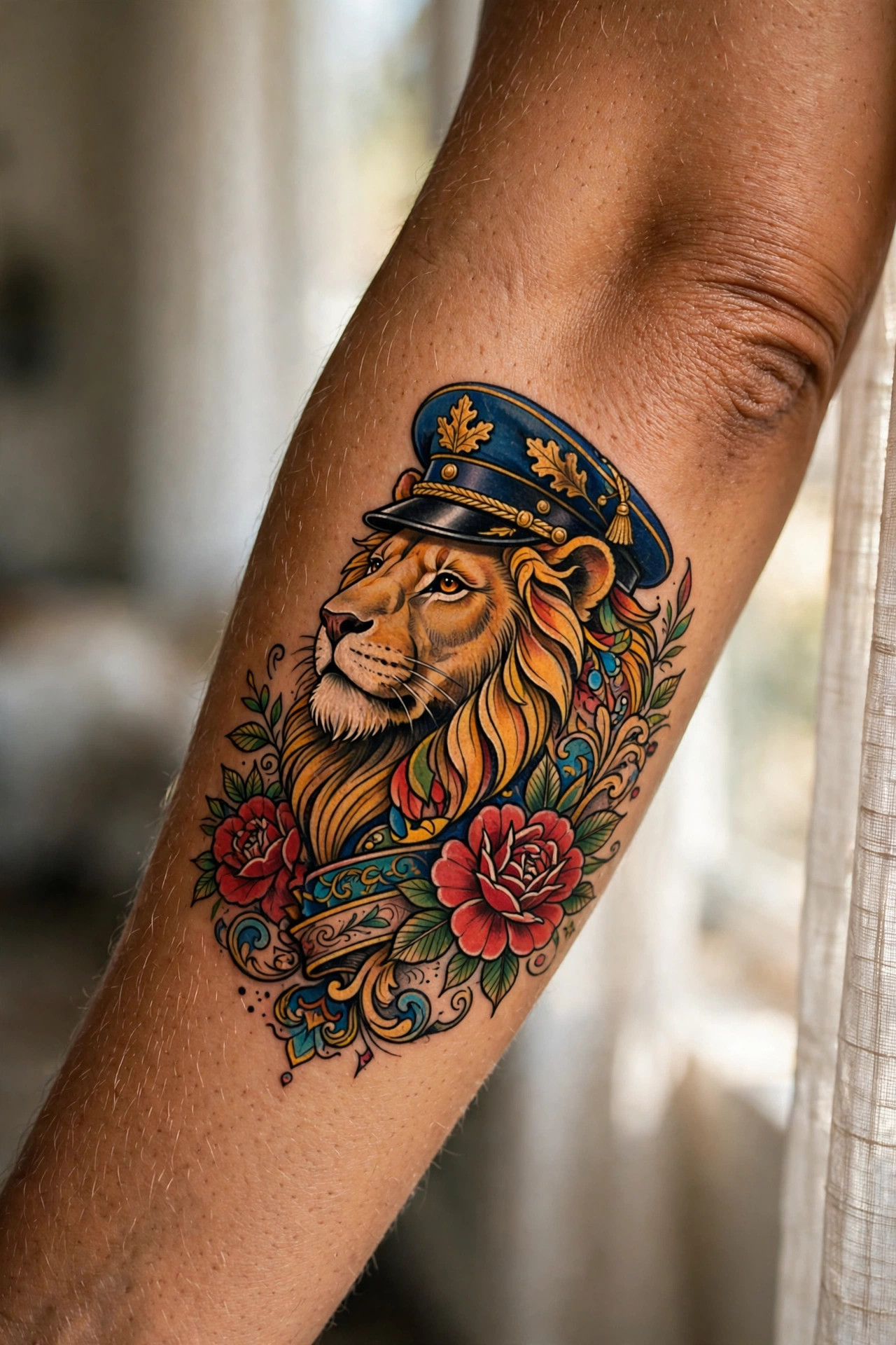 Lion head shoulder cap tattoo on a man's deltoid