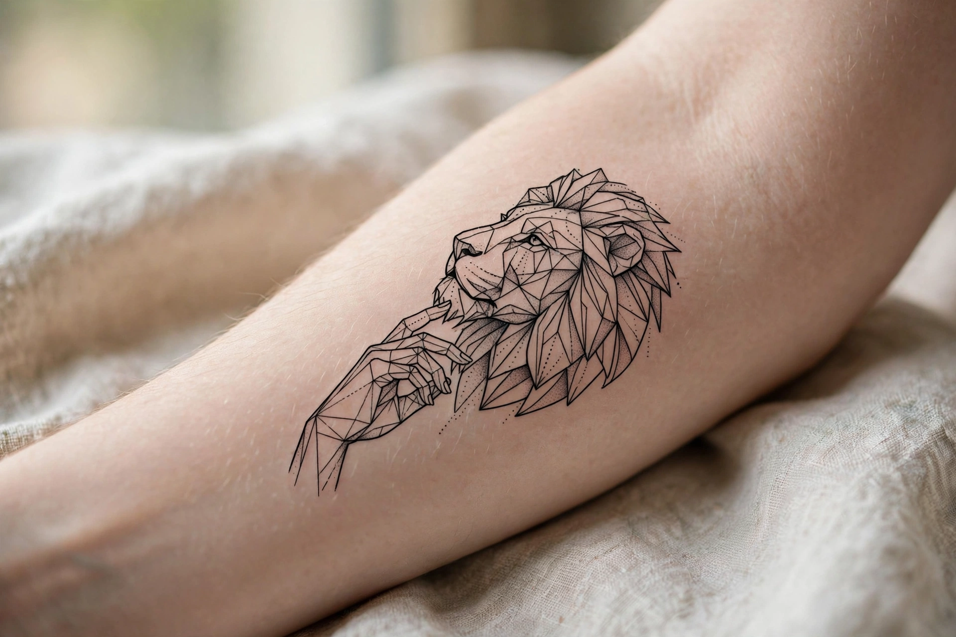 Small fierce lion head tattoo on a man's hand
