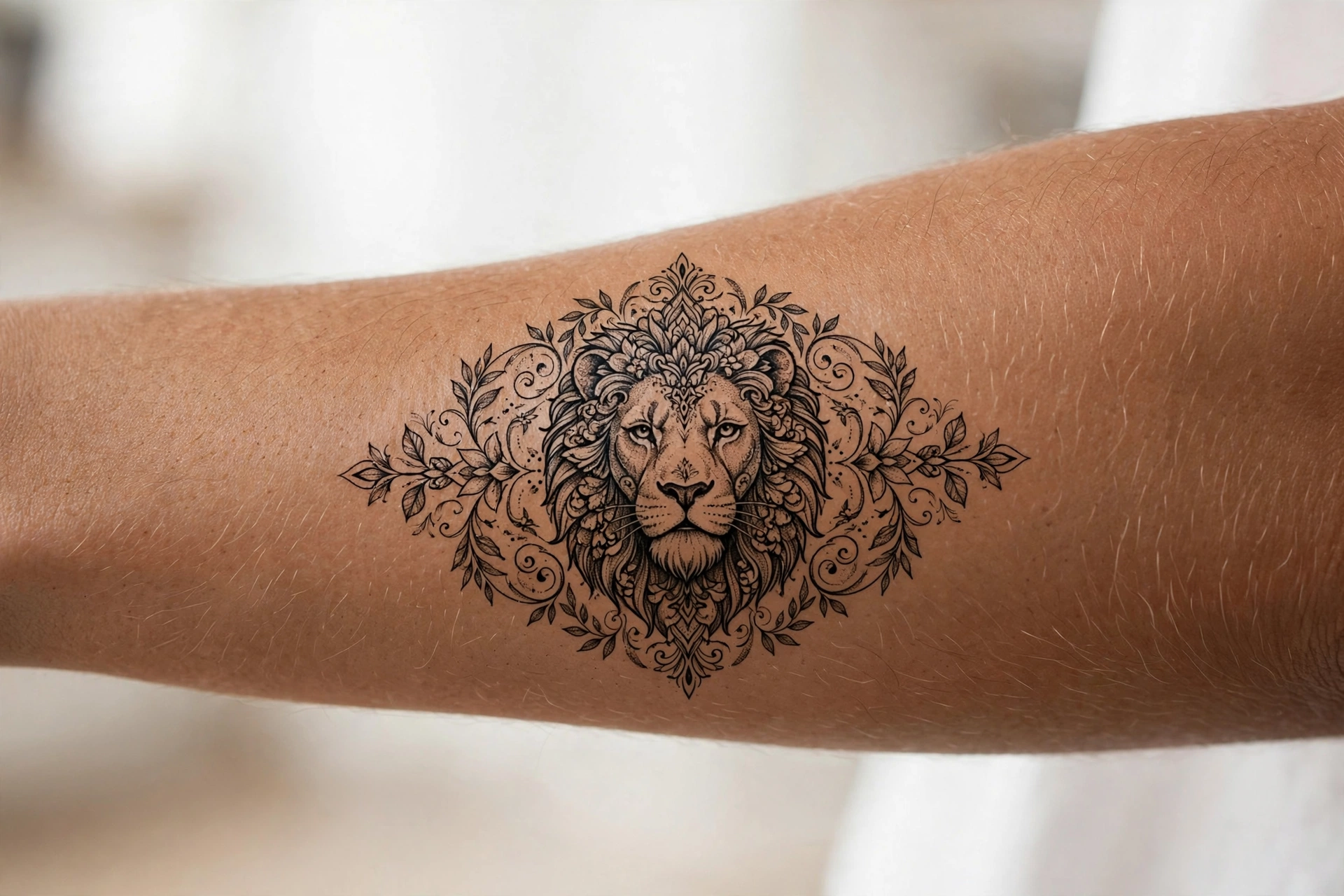 Minimalist lion finger tattoo on a man's knuckle