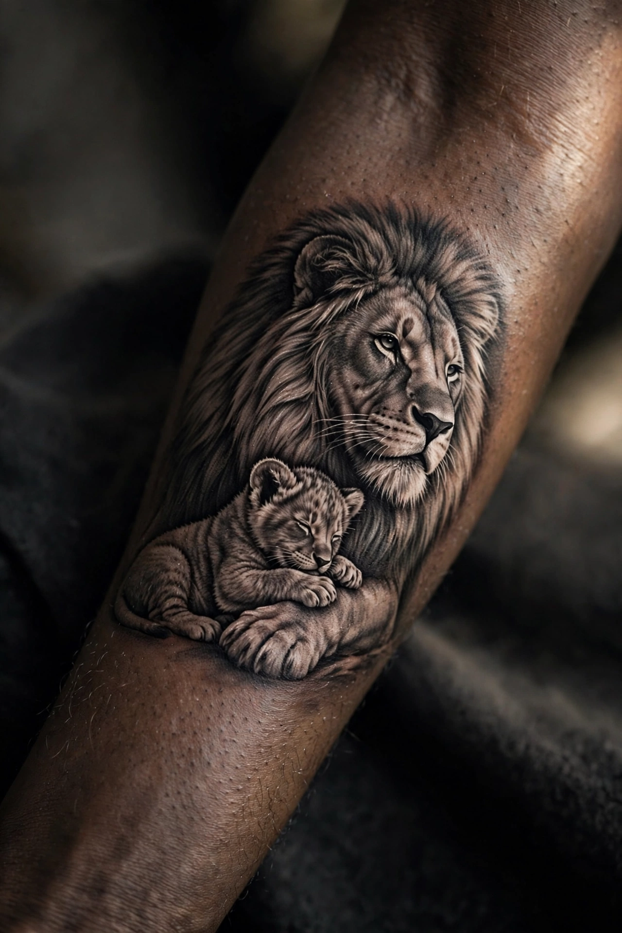 Lion nuzzling its cub tattoo symbolizing fatherhood on a man's bicep