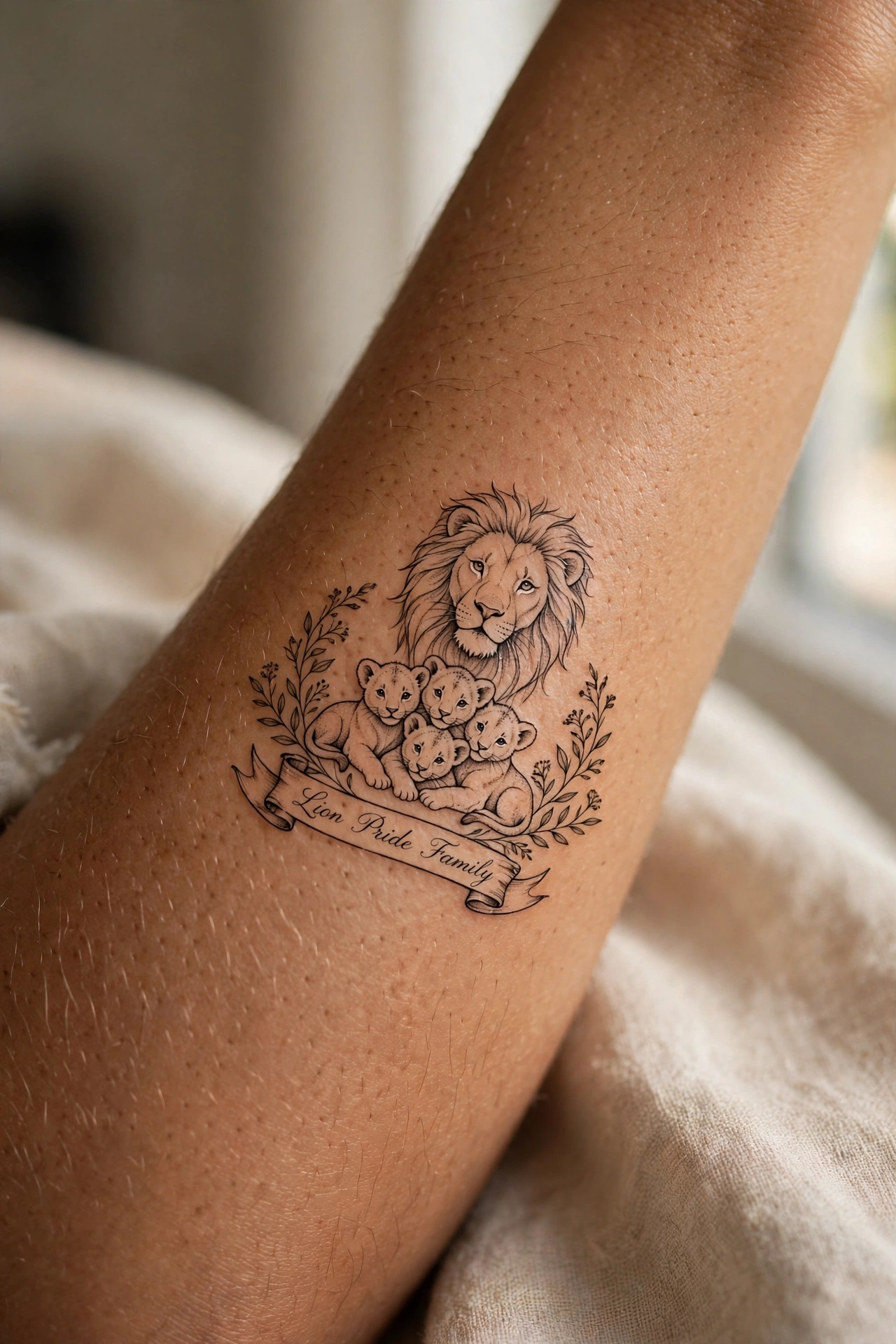 Lion pride family scene tattoo on a man's back