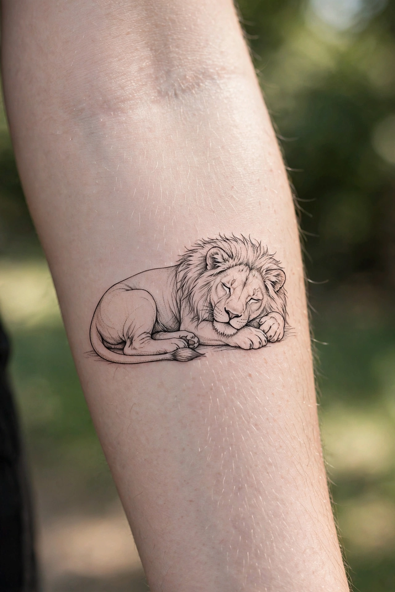 Peaceful sleeping lion tattoo on a man's forearm