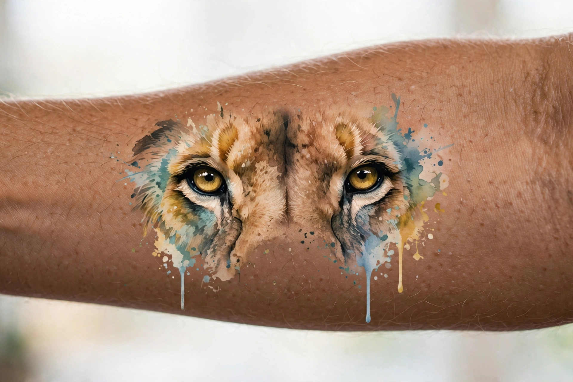 Intense lion eyes close-up tattoo on a man's inner arm