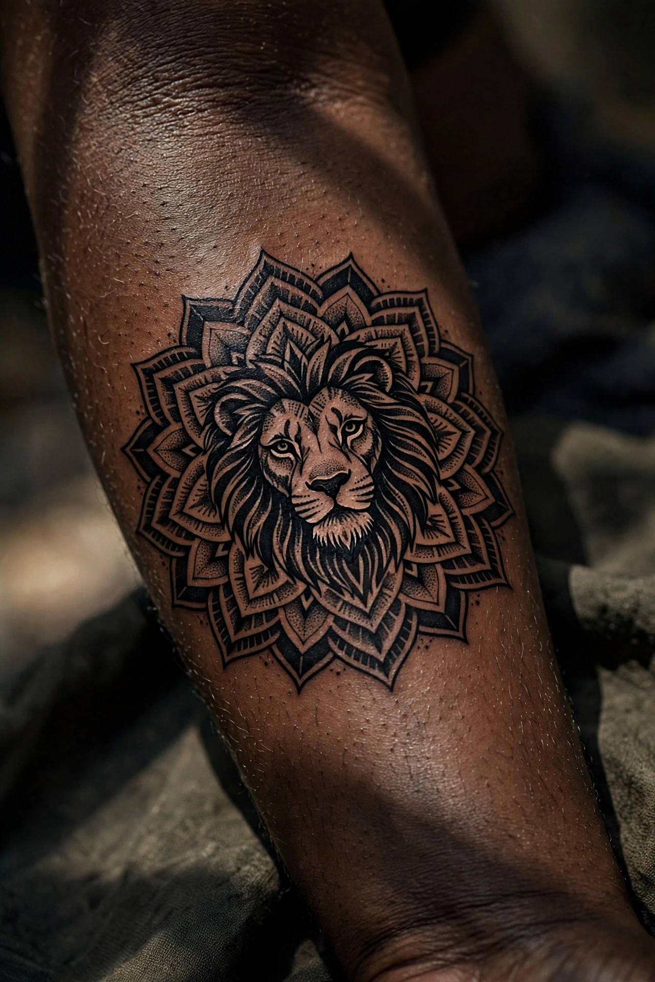 Lion with mandala patterned mane tattoo on a man's shoulder
