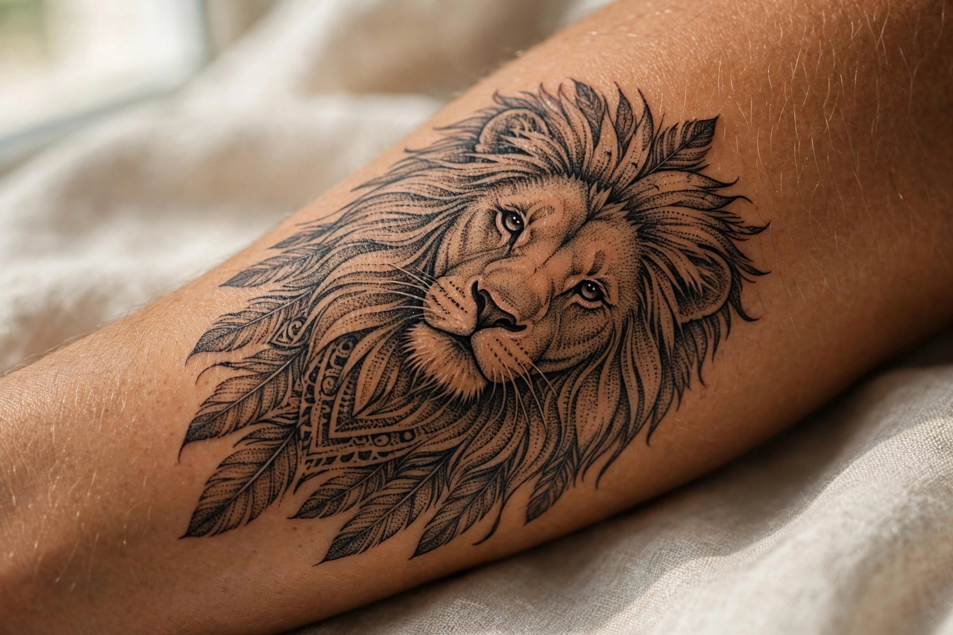Lion adorned with tribal feathers tattoo on a man's arm