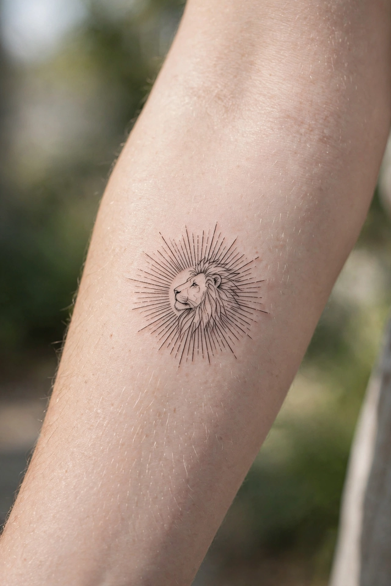 Lion silhouette against a blazing sun tattoo on a man's back