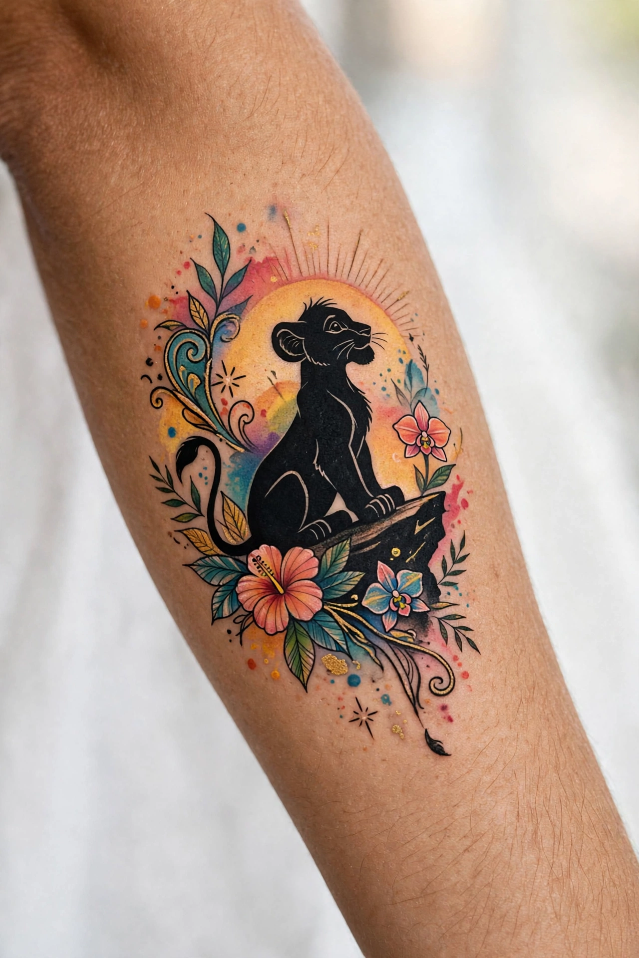 Lion standing on Pride Rock silhouette tattoo on a man's calf