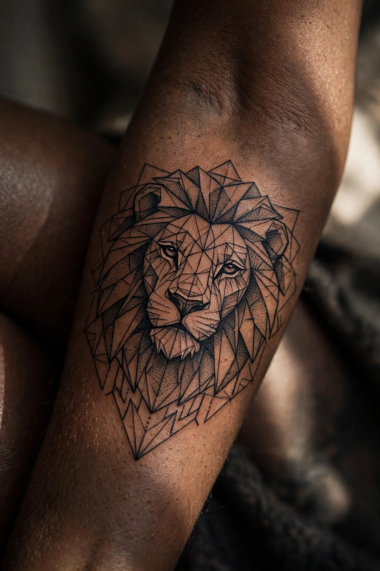 Solid blackwork lion head tattoo on a man's chest