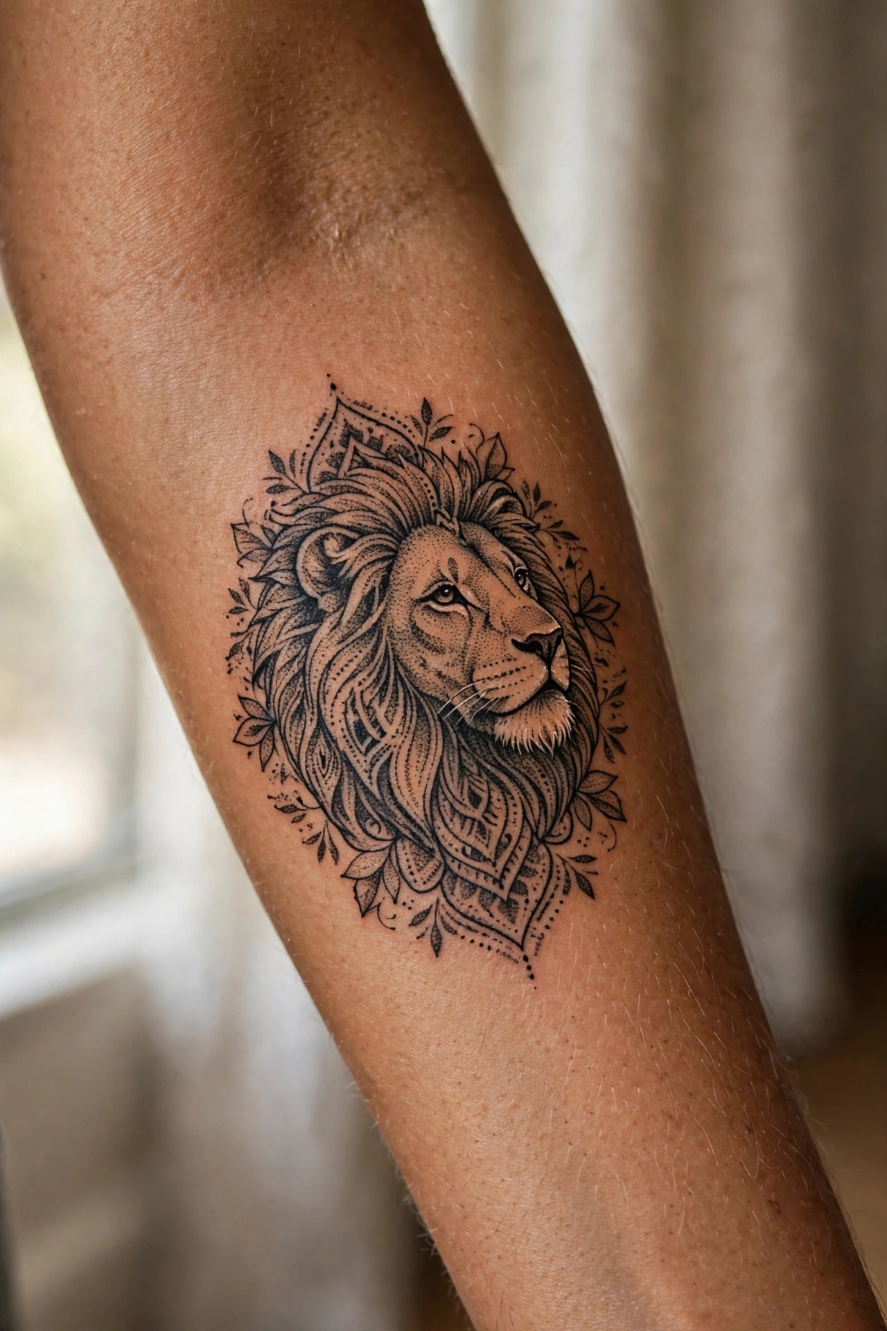Dotwork lion portrait tattoo built from thousands of dots on a man's forearm